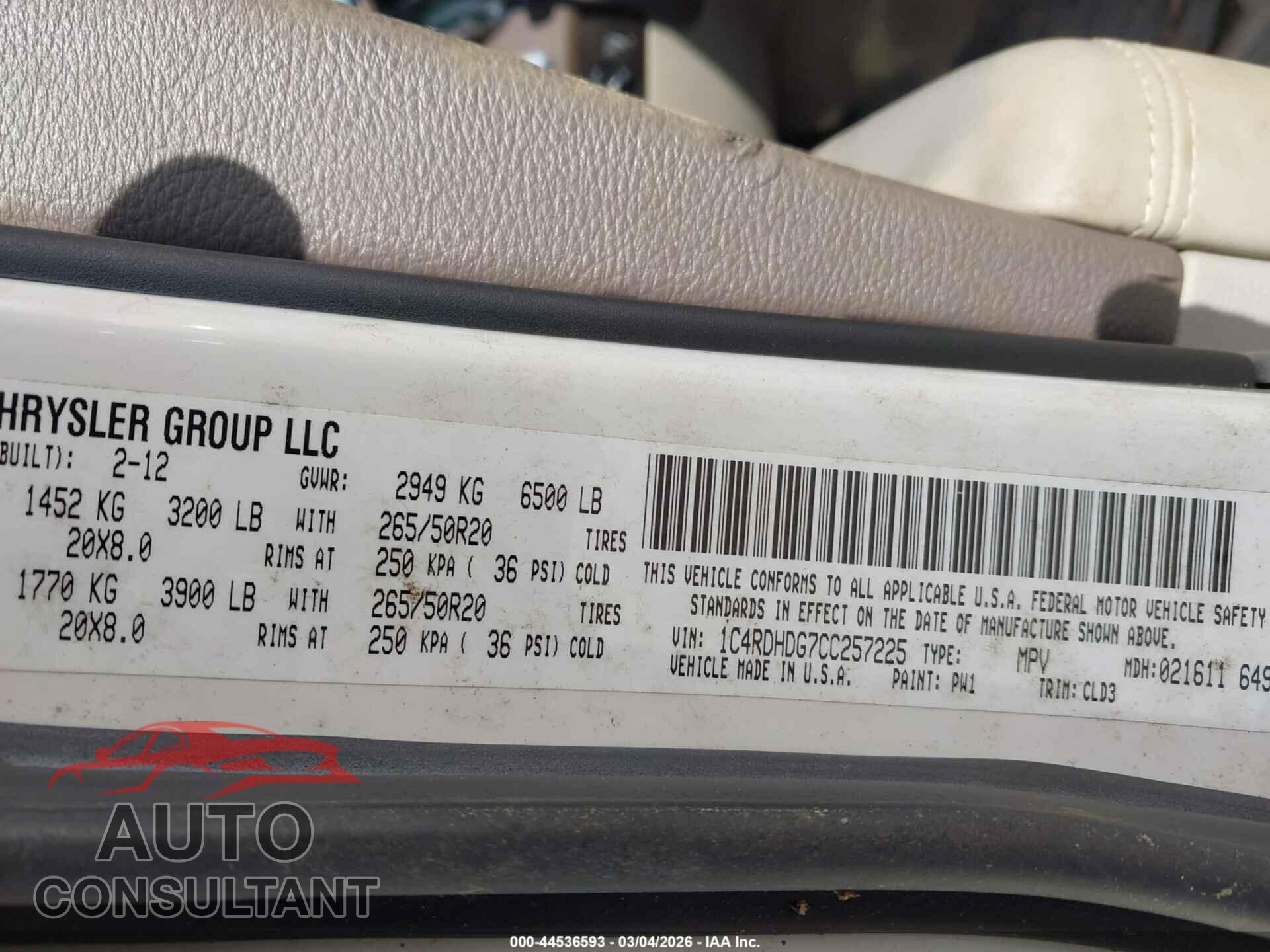 DODGE DURANGO 2012 - 1C4RDHDG7CC257225