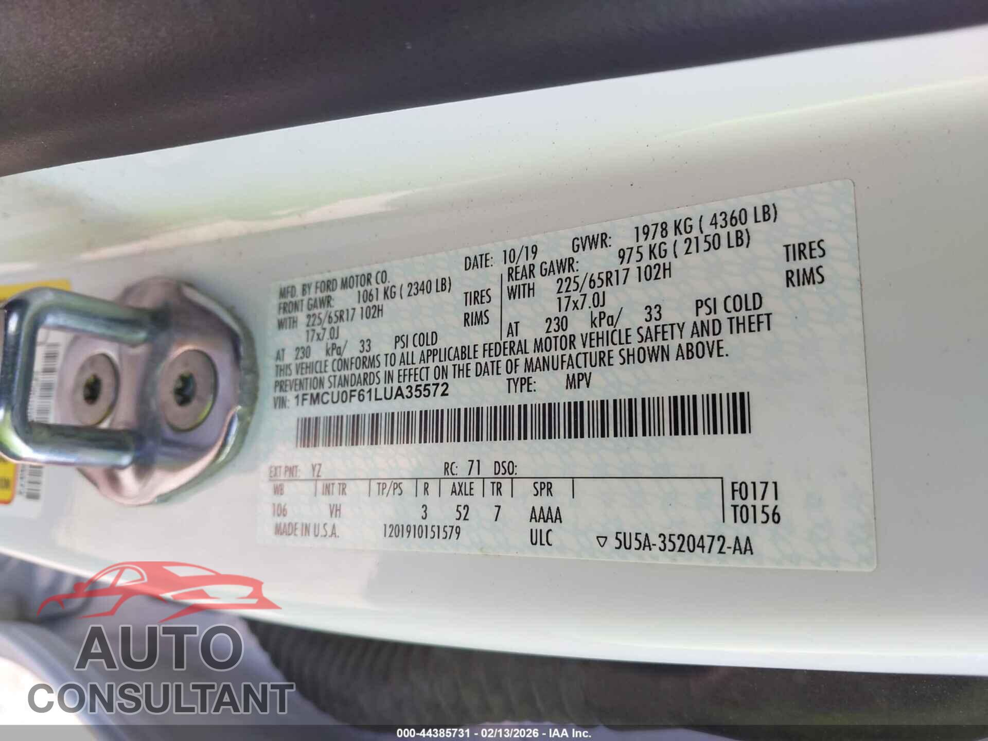 FORD ESCAPE 2020 - 1FMCU0F61LUA35572