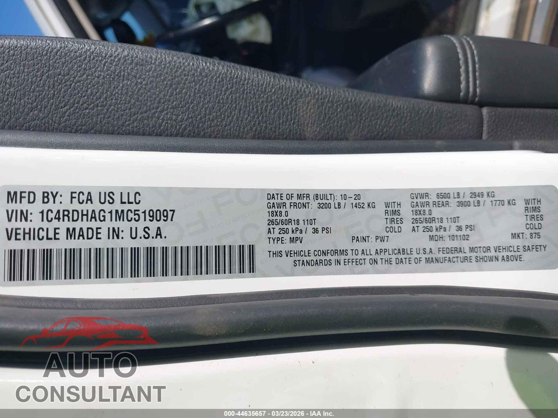 DODGE DURANGO 2021 - 1C4RDHAG1MC519097