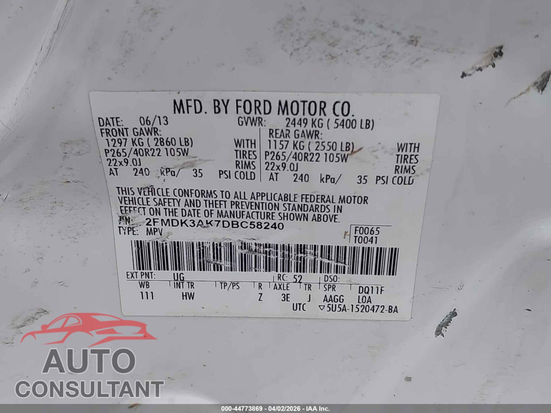 FORD EDGE 2013 - 2FMDK3AK7DBC58240