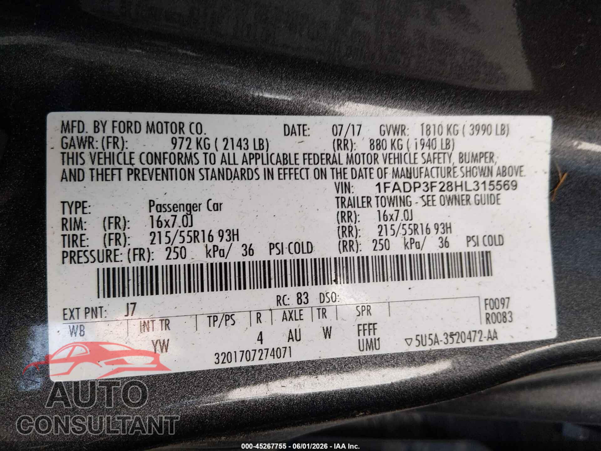 FORD FOCUS 2017 - 1FADP3F28HL315569