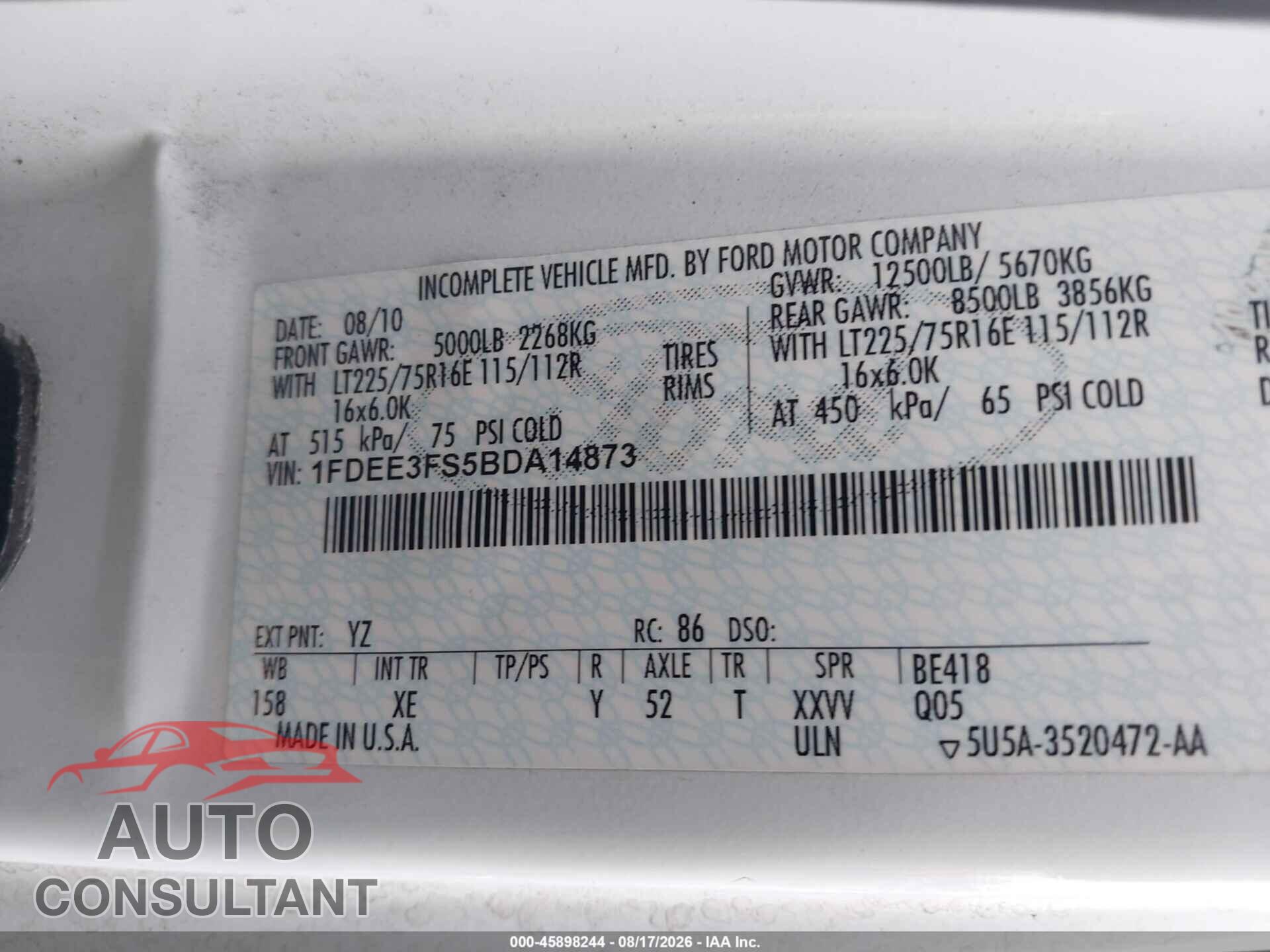 FORD E-350 CUTAWAY 2011 - 1FDEE3FS5BDA14873
