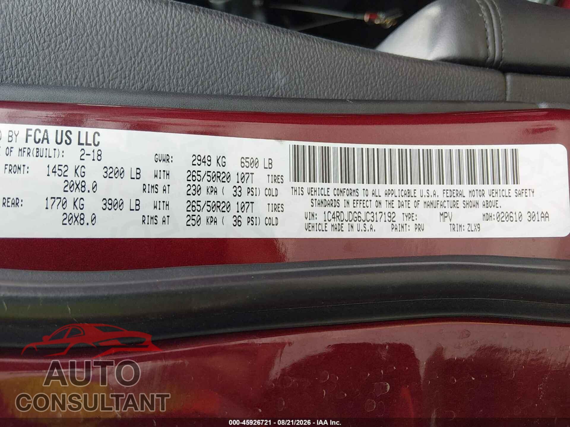 DODGE DURANGO 2018 - 1C4RDJDG6JC317192