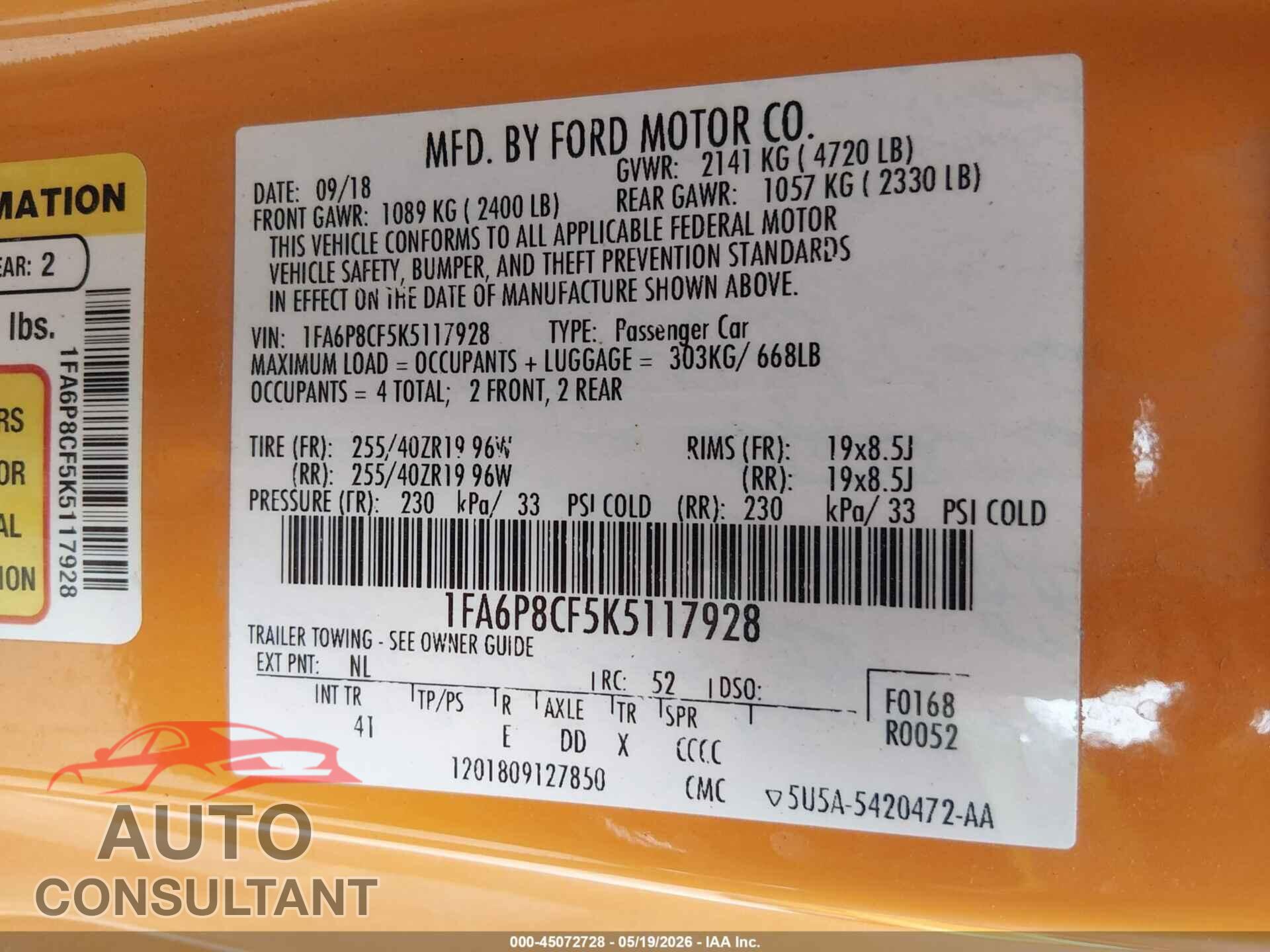 FORD MUSTANG 2019 - 1FA6P8CF5K5117928