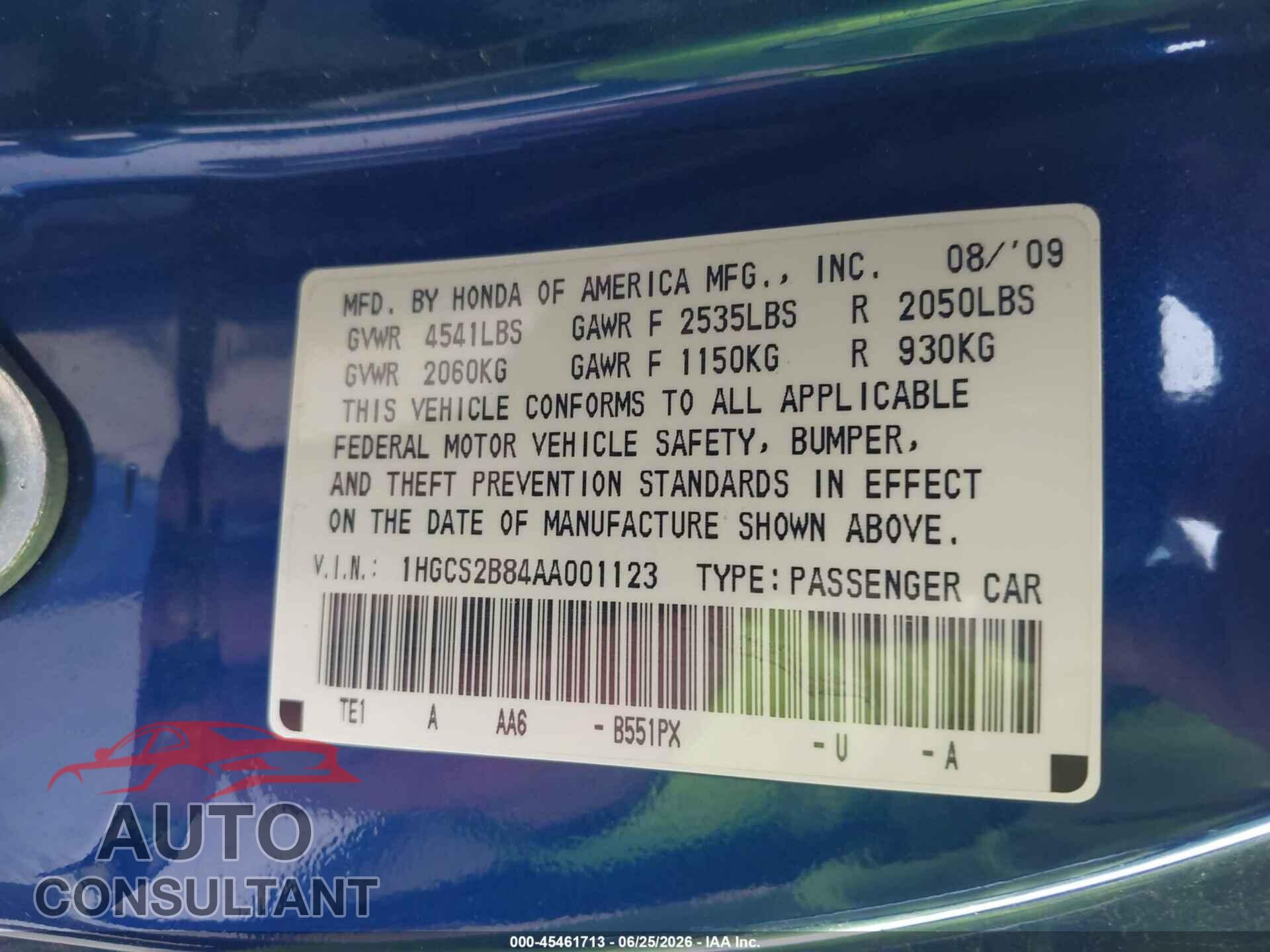HONDA ACCORD 2010 - 1HGCS2B84AA001123