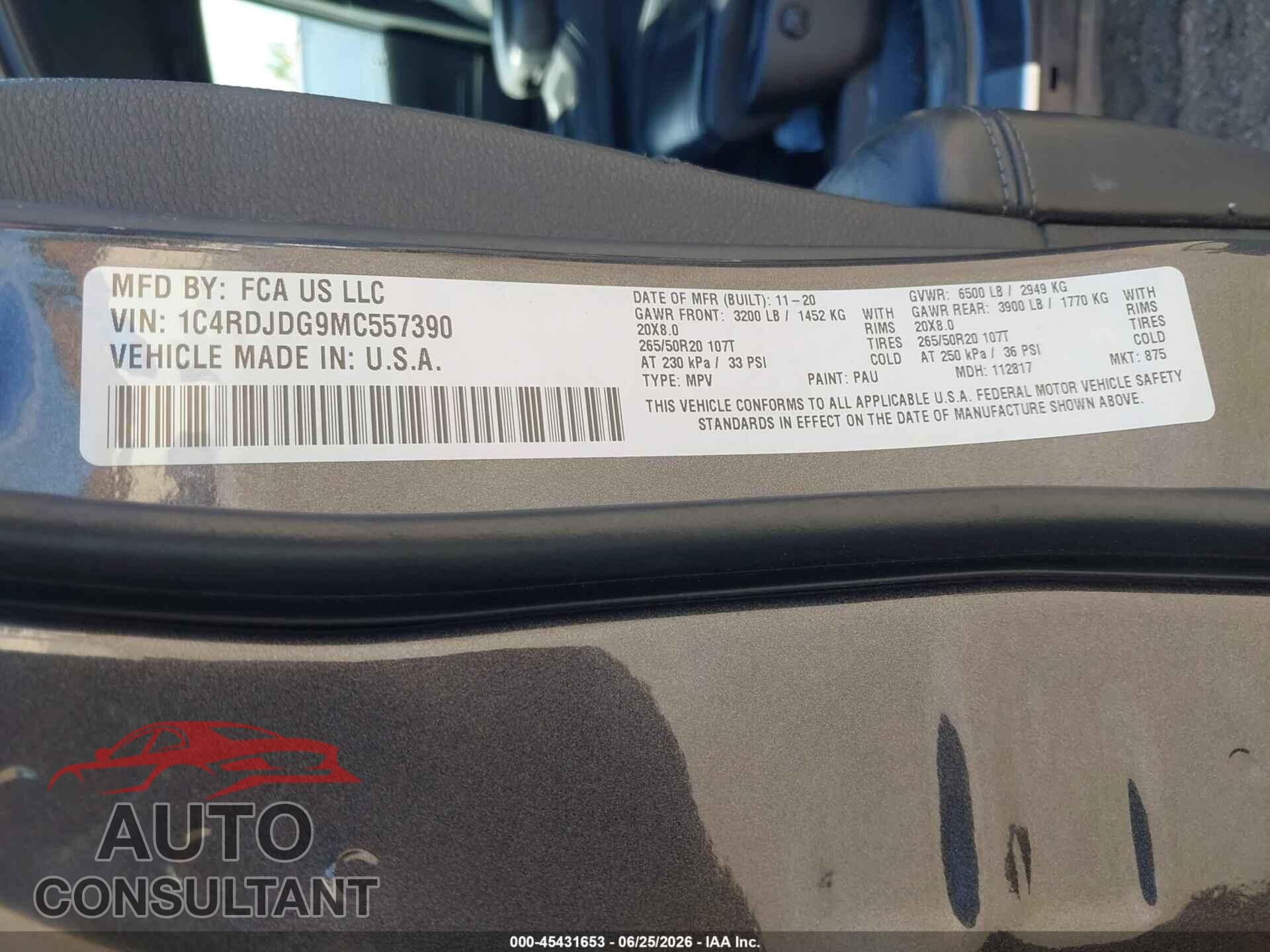 DODGE DURANGO 2021 - 1C4RDJDG9MC557390