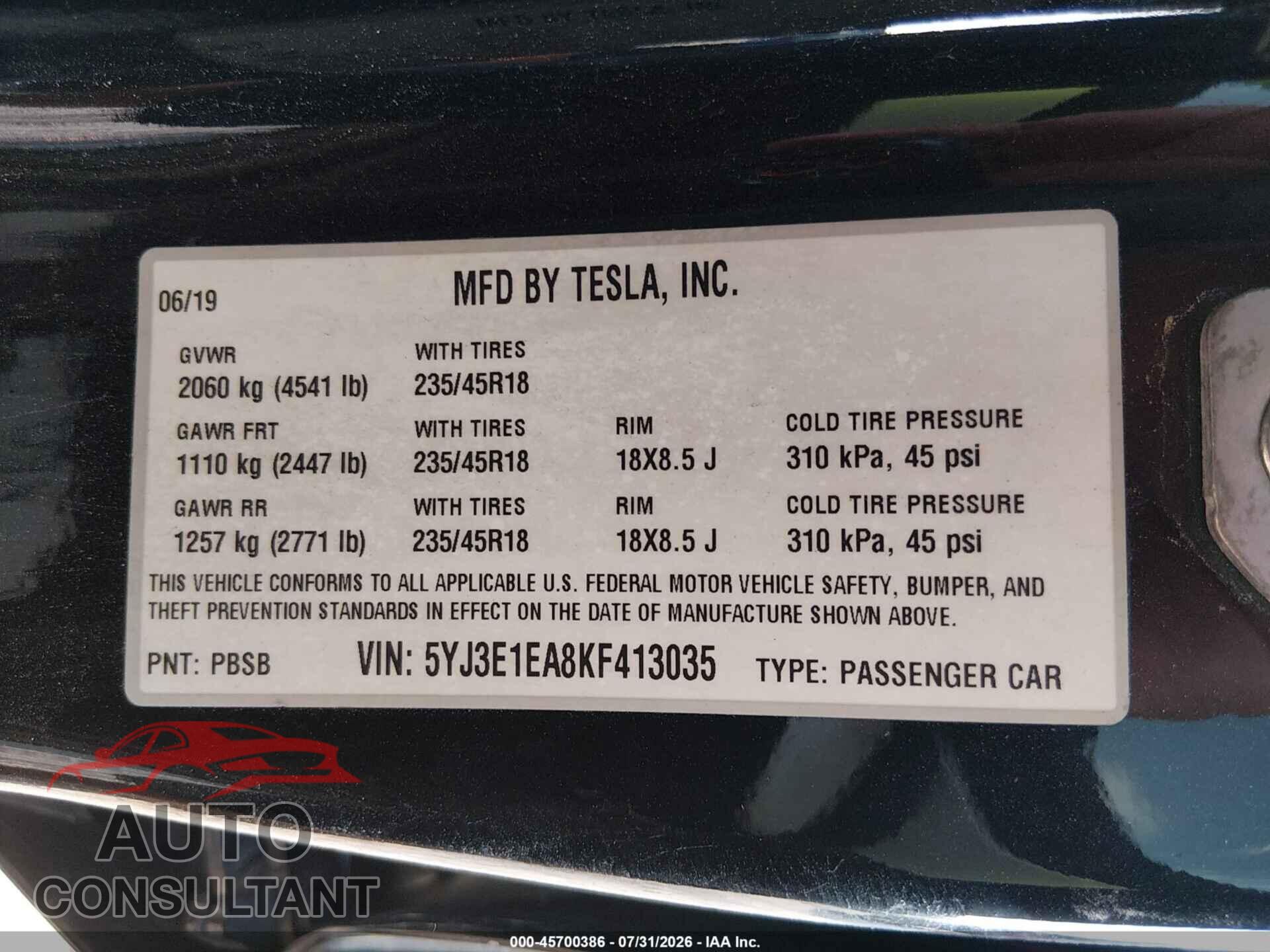 TESLA MODEL 3 2019 - 5YJ3E1EA8KF413035