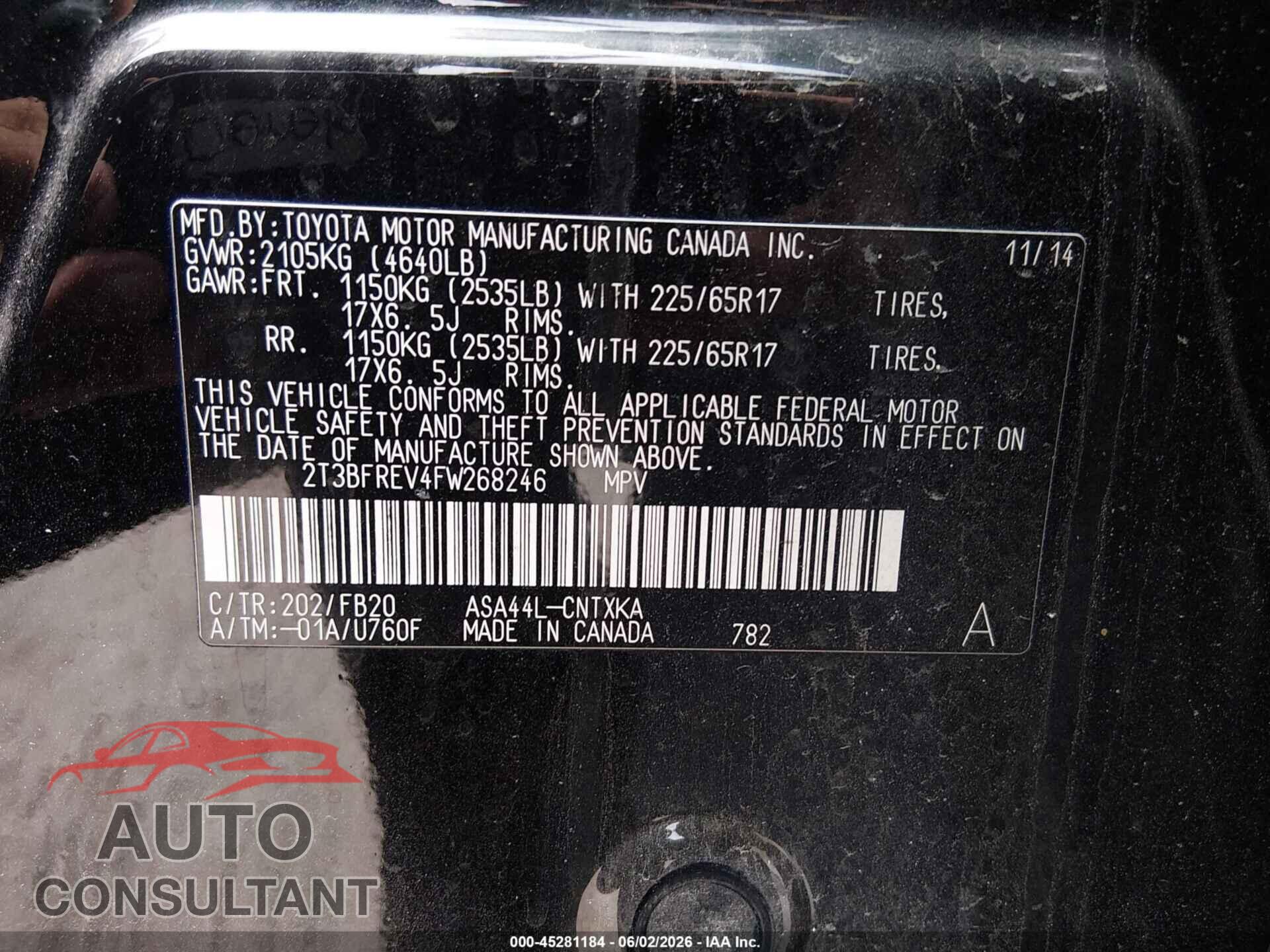 TOYOTA RAV4 2015 - 2T3BFREV4FW268246