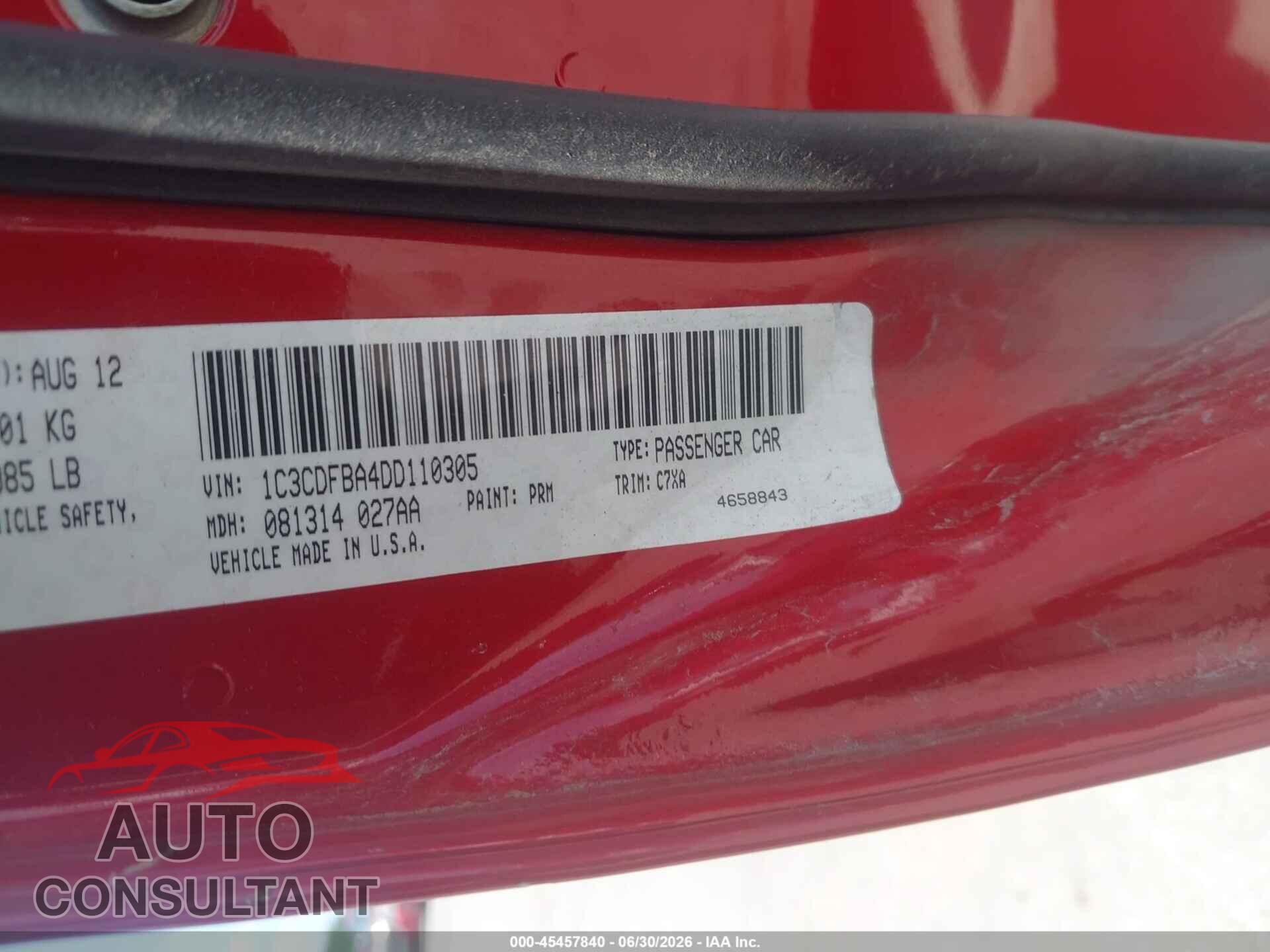 DODGE DART 2013 - 1C3CDFBA4DD110305
