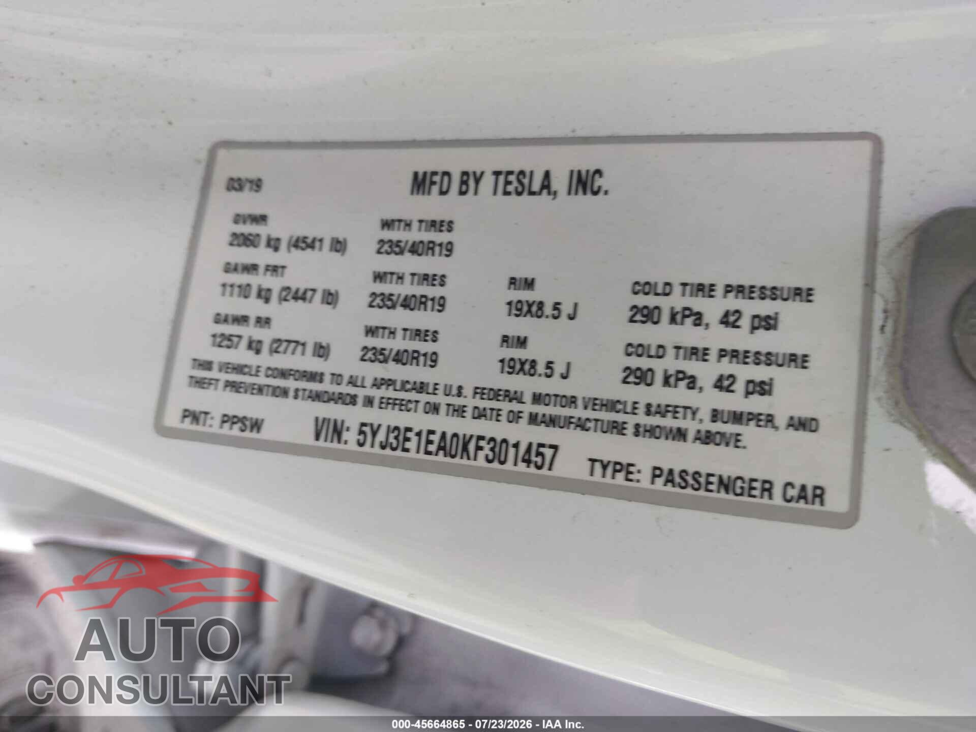TESLA MODEL 3 2019 - 5YJ3E1EA0KF301457