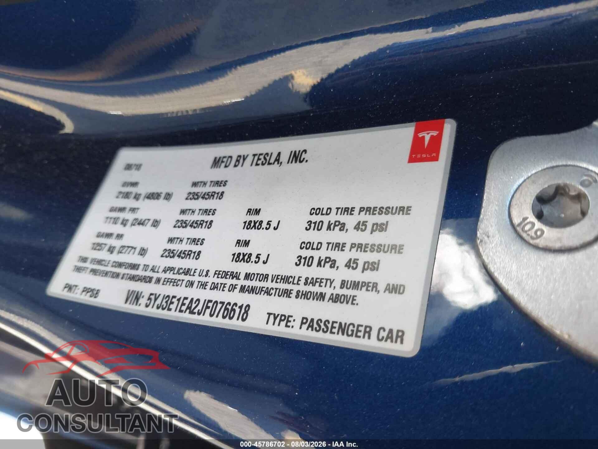 TESLA MODEL 3 2018 - 5YJ3E1EA2JF076618
