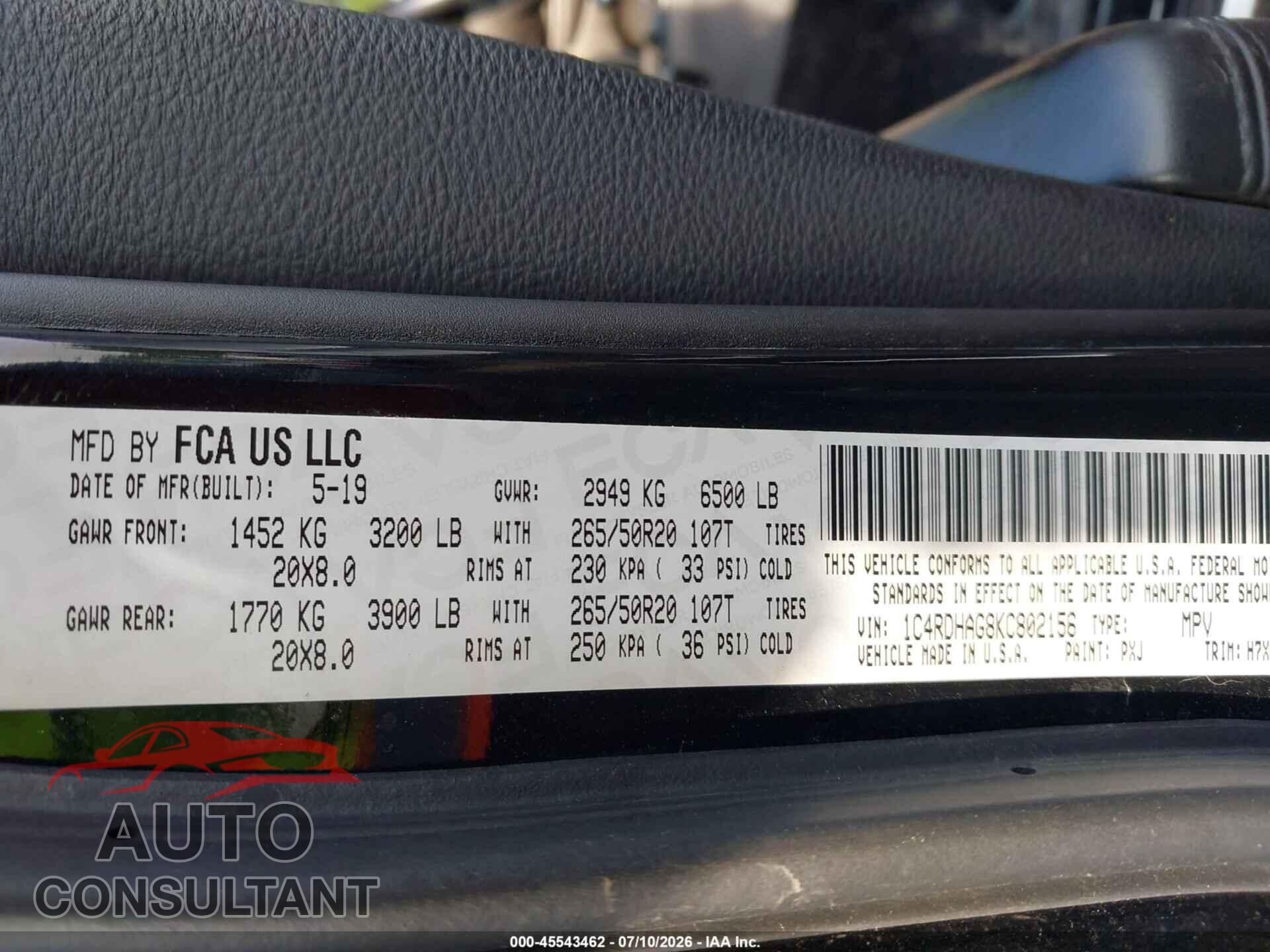 DODGE DURANGO 2019 - 1C4RDHAG8KC802156