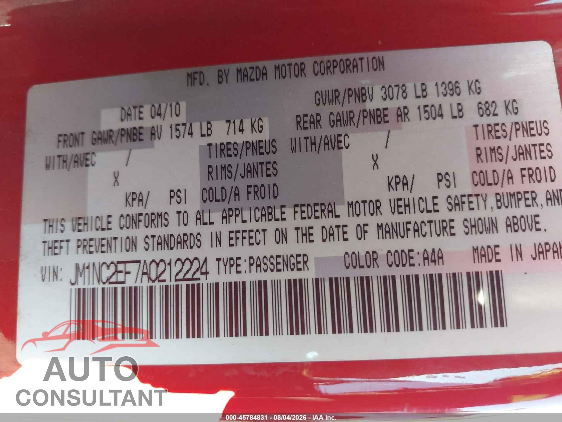 MAZDA MX-5 MIATA 2010 - JM1NC2EF7A0212224