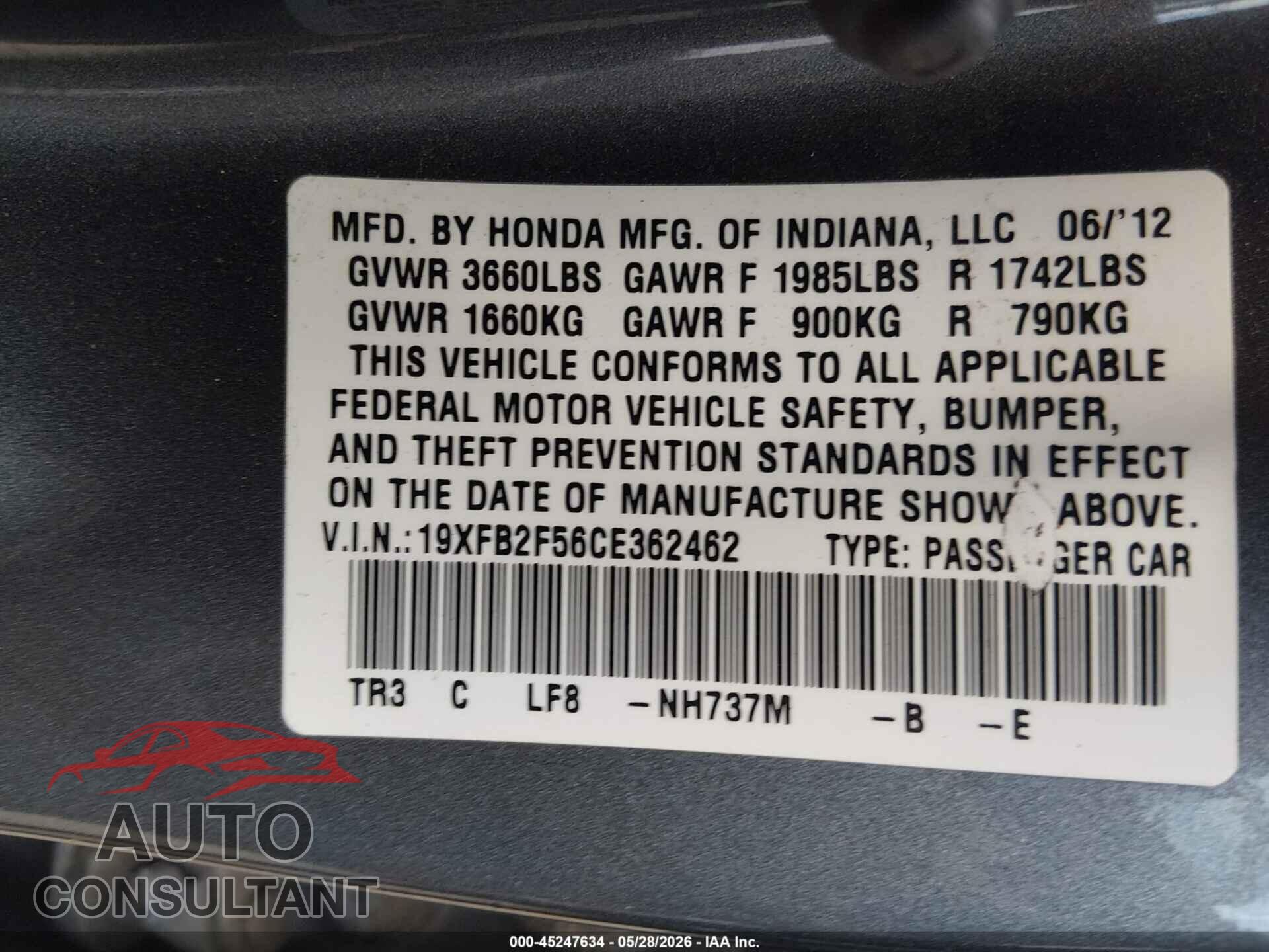 HONDA CIVIC 2012 - 19XFB2F56CE362462