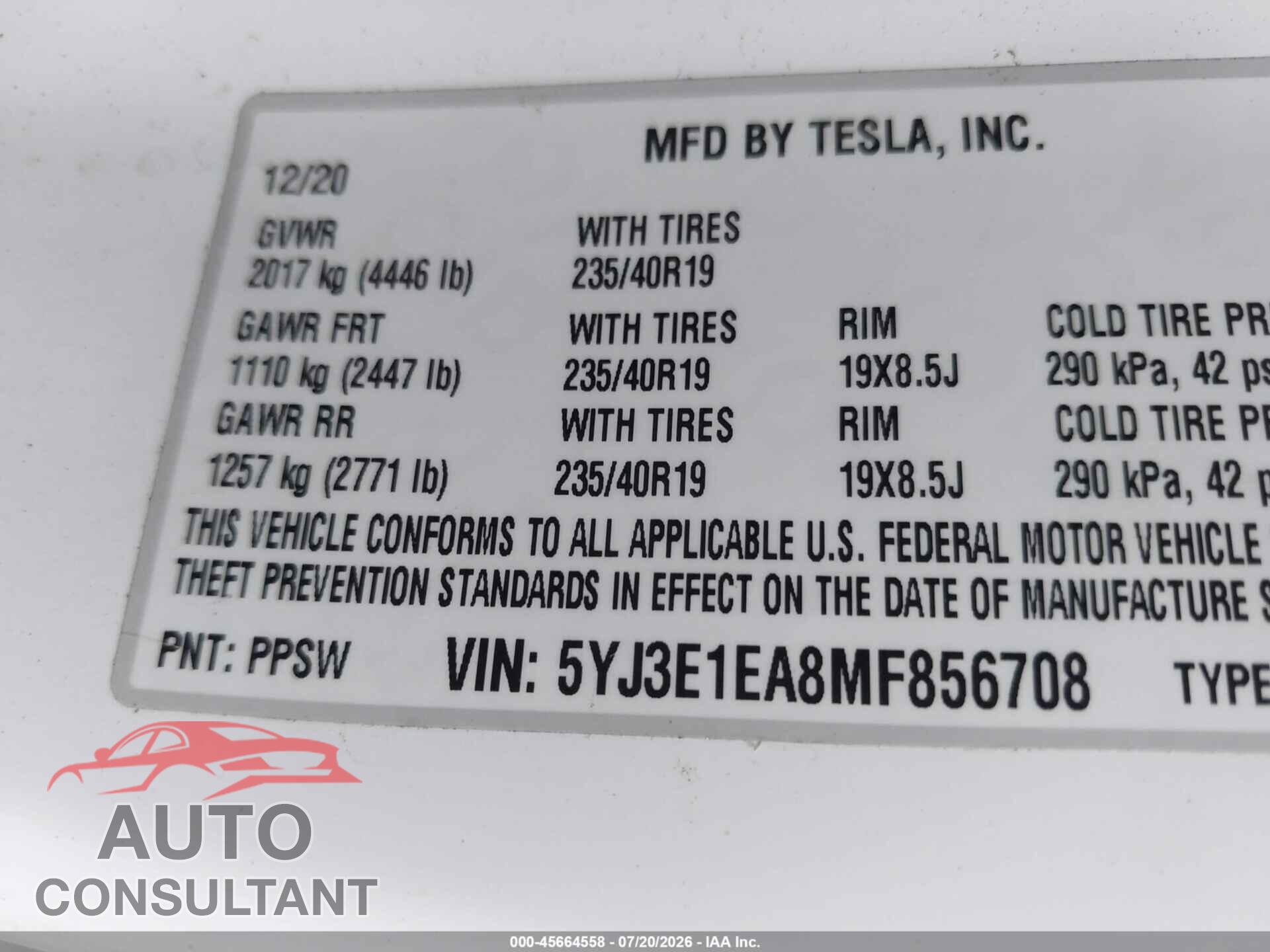 TESLA MODEL 3 2021 - 5YJ3E1EA8MF856708