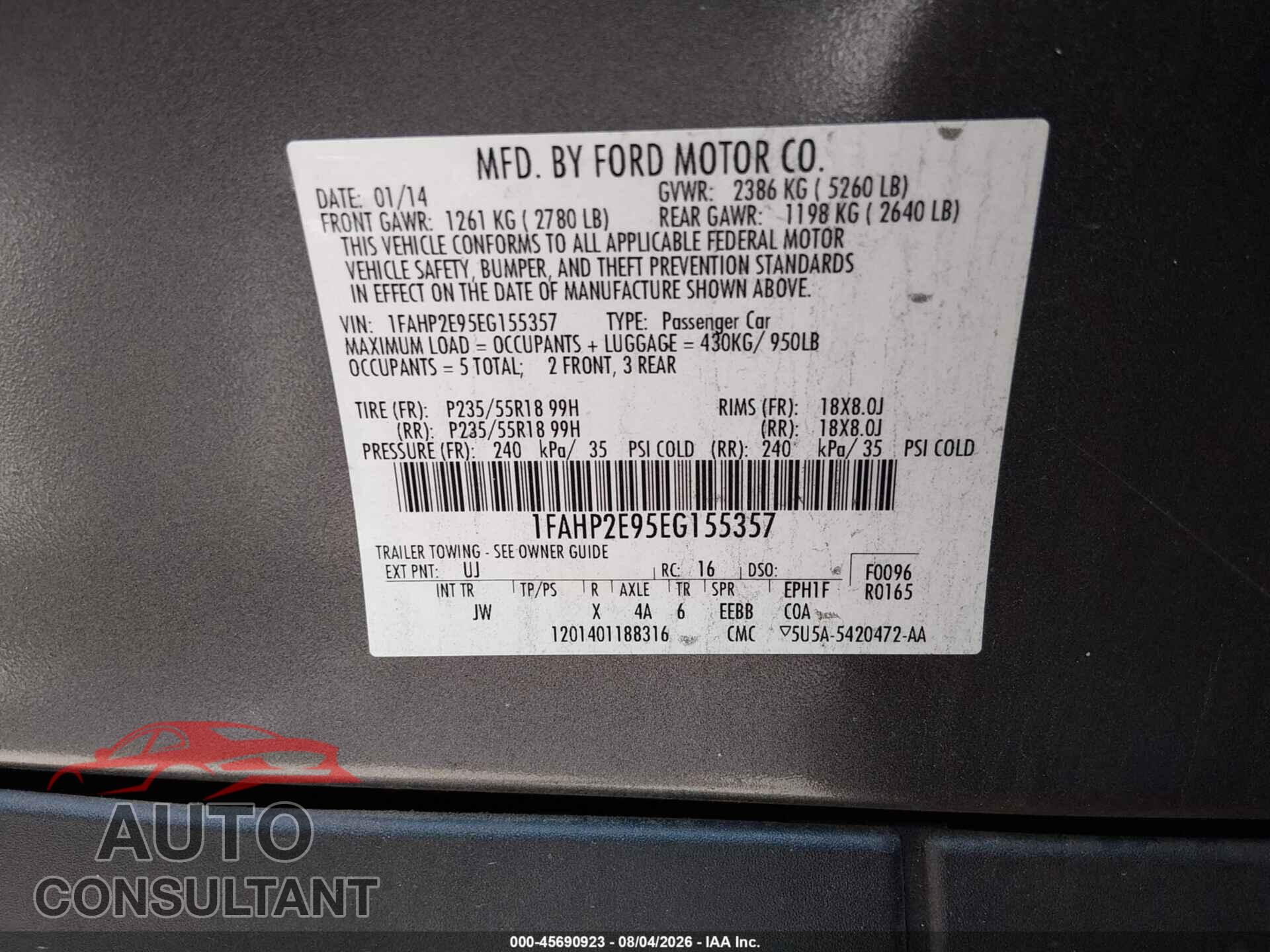 FORD TAURUS 2014 - 1FAHP2E95EG155357