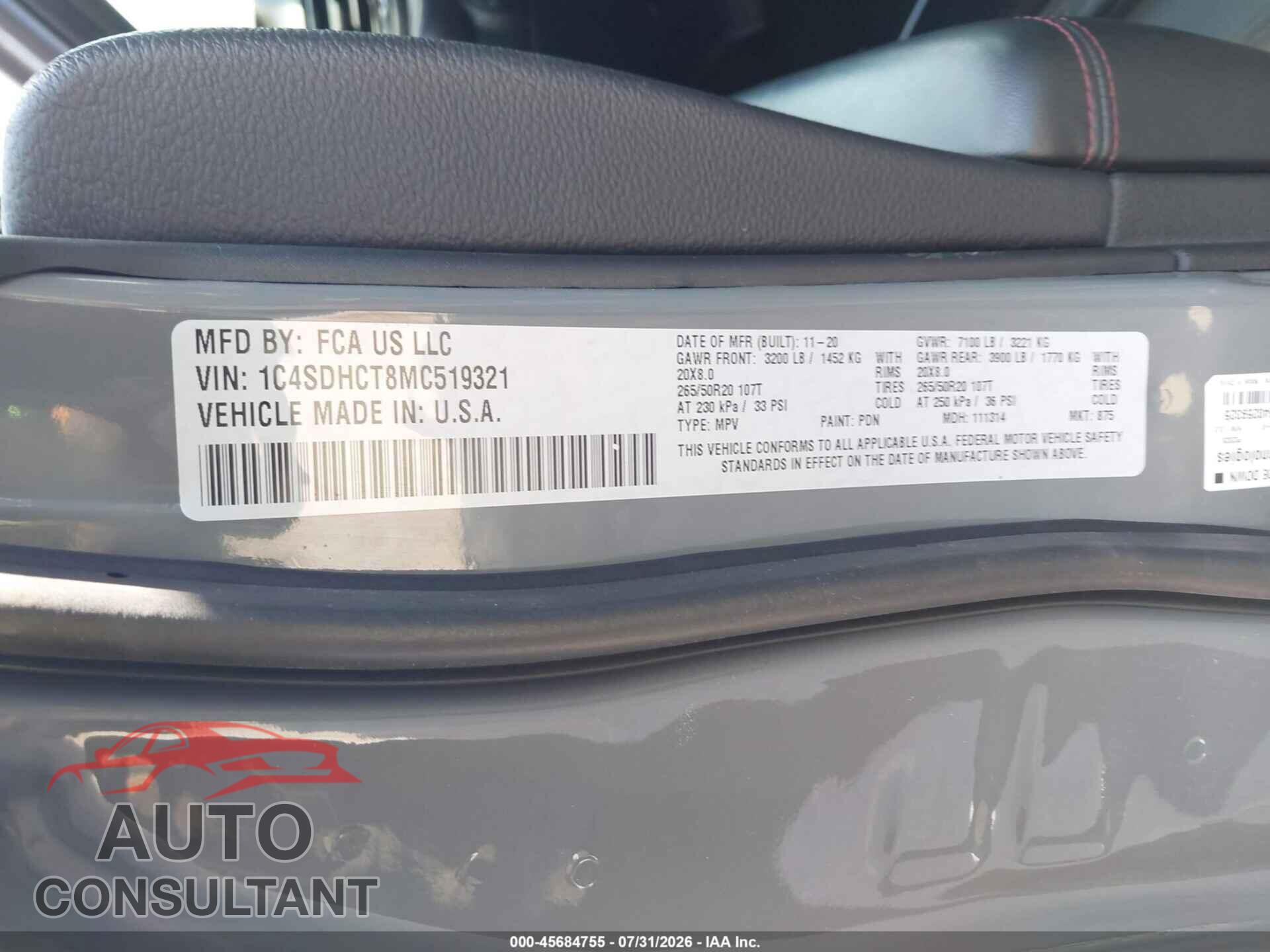 DODGE DURANGO 2021 - 1C4SDHCT8MC519321
