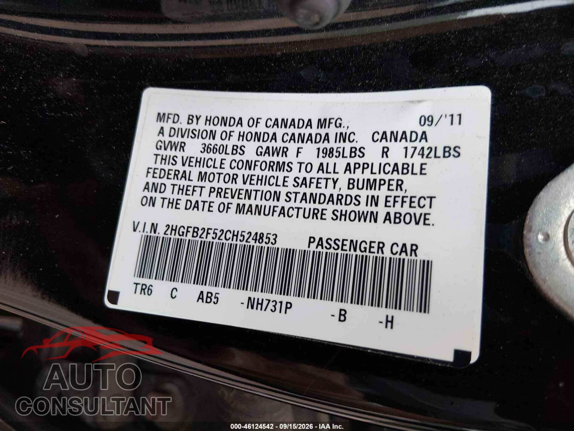 HONDA CIVIC 2012 - 2HGFB2F52CH524853