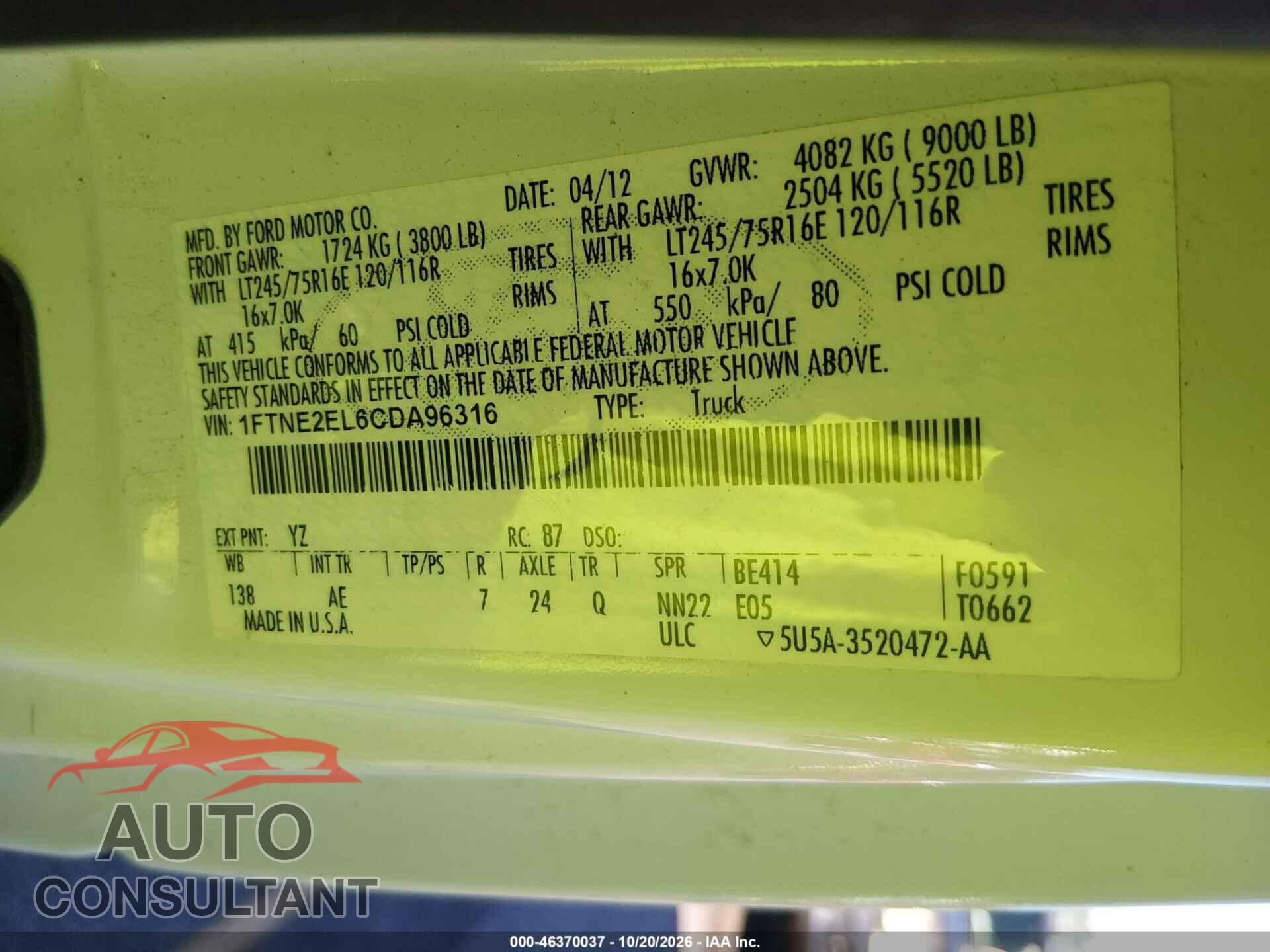 FORD E-250 2012 - 1FTNE2EL6CDA96316