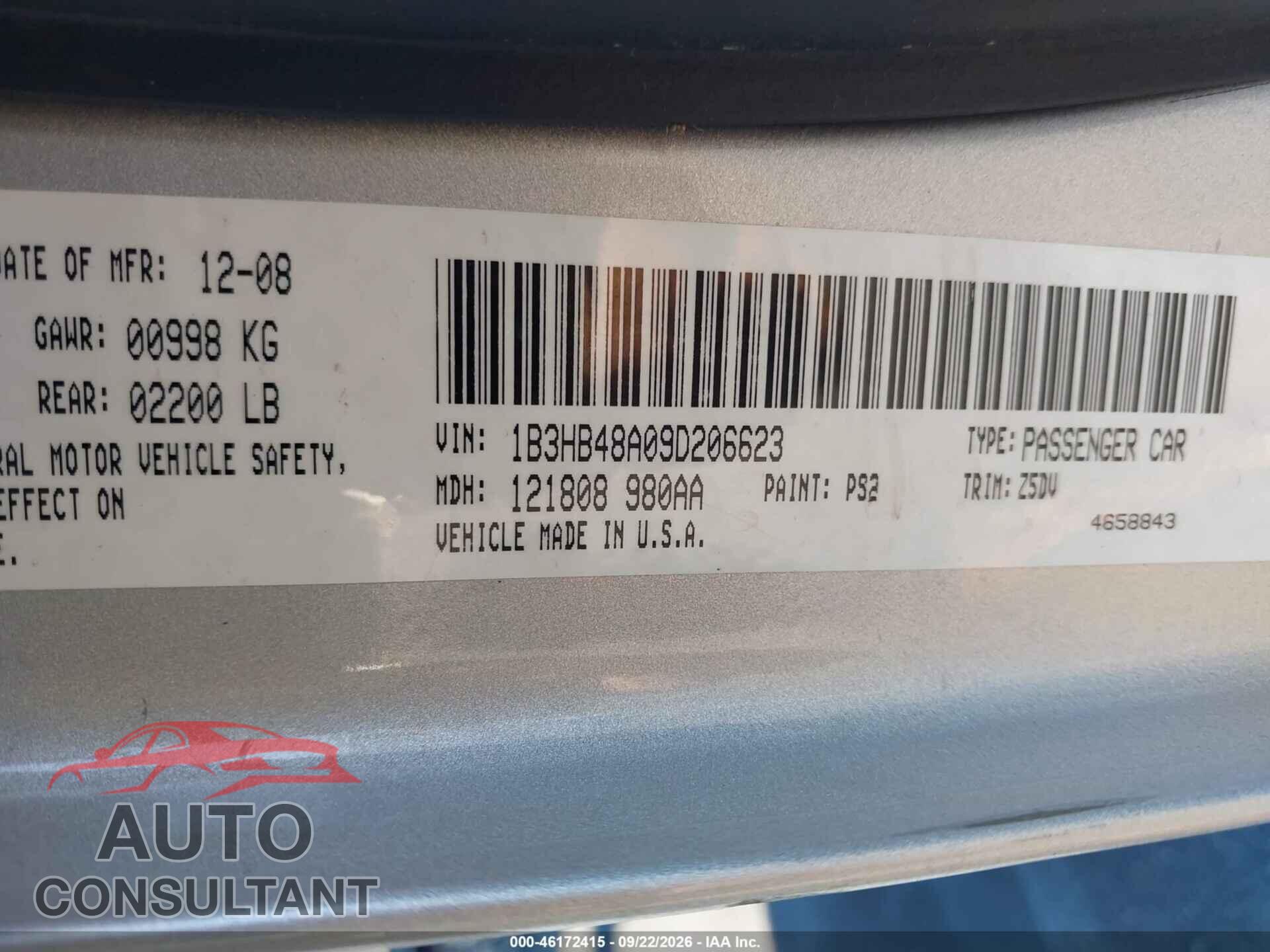 DODGE CALIBER 2009 - 1B3HB48A09D206623