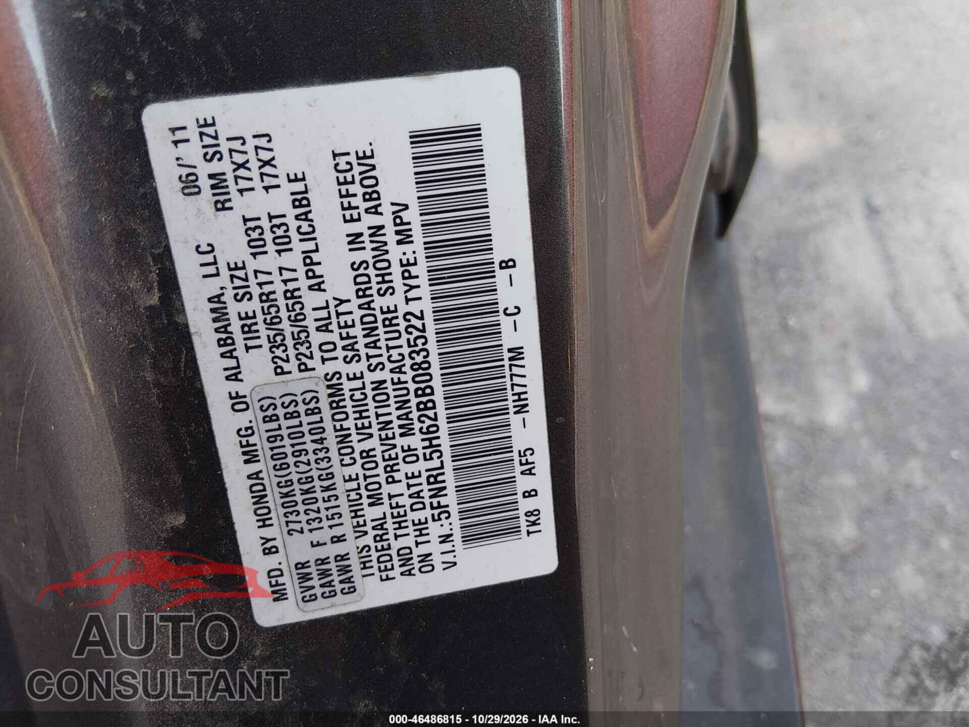 HONDA ODYSSEY 2011 - 5FNRL5H62BB083522