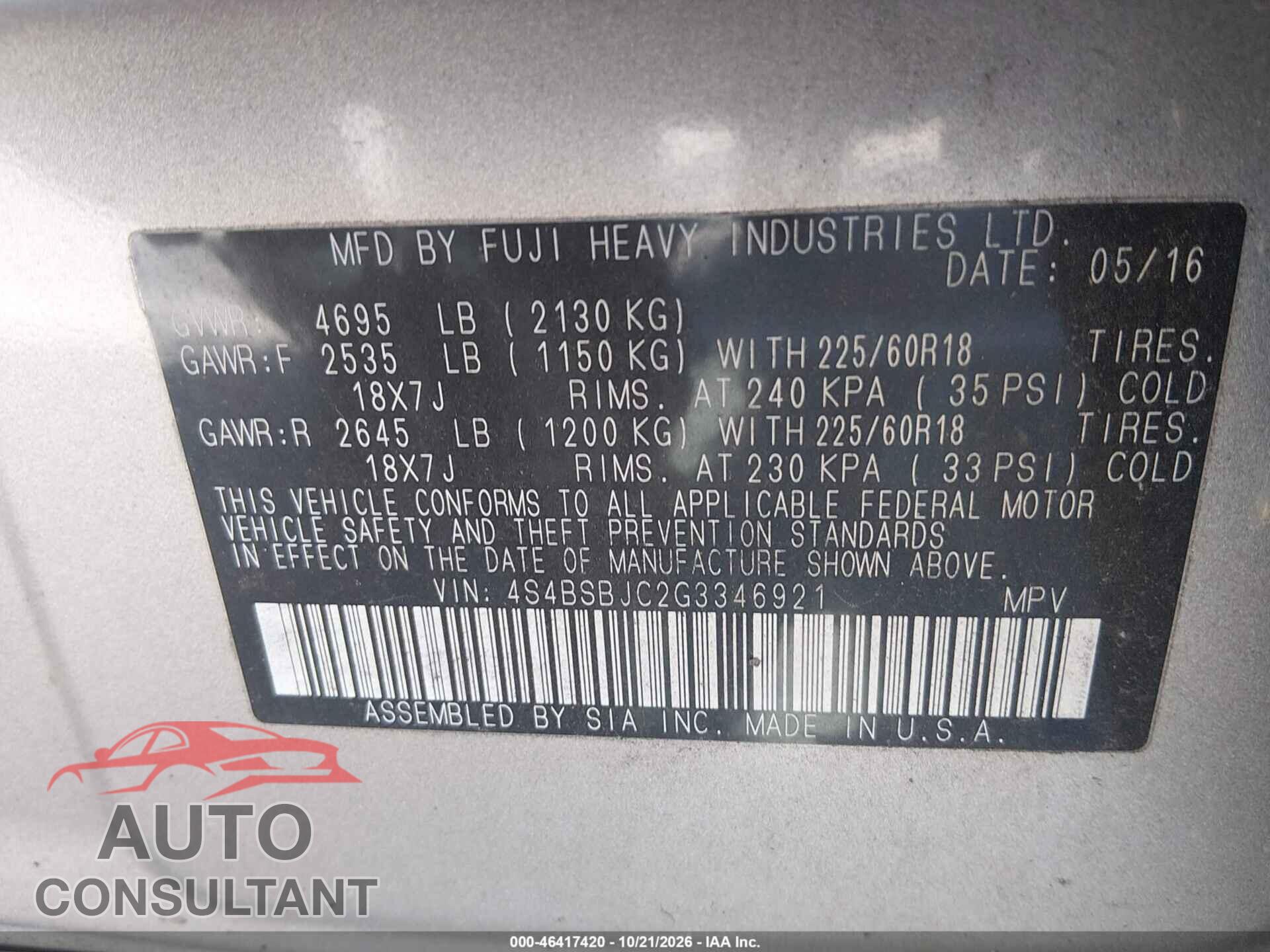 SUBARU OUTBACK 2016 - 4S4BSBJC2G3346921