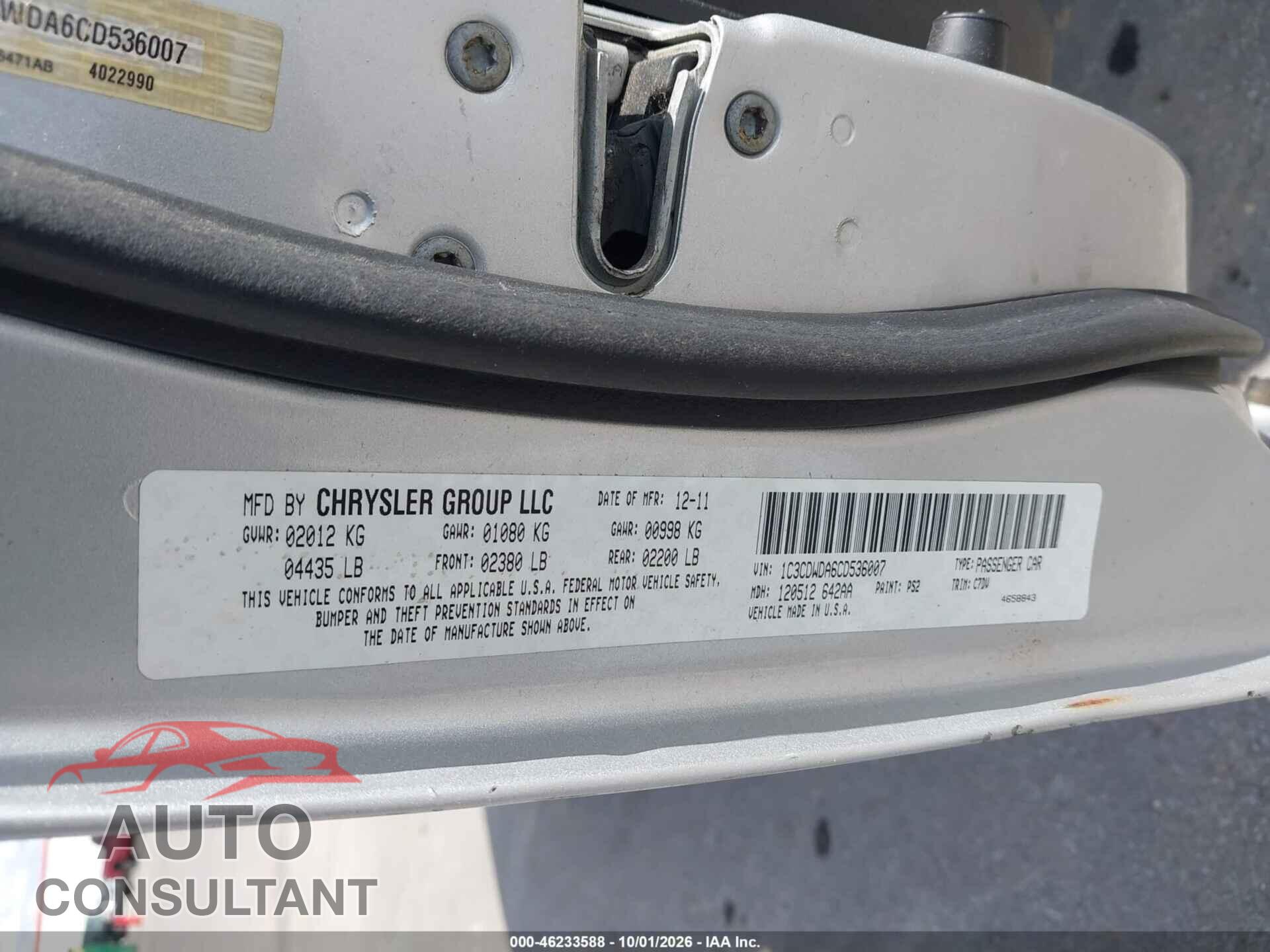 DODGE CALIBER 2012 - 1C3CDWDA6CD536007
