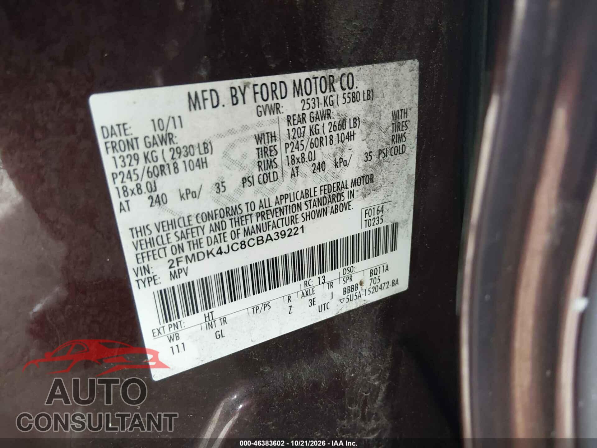 FORD EDGE 2012 - 2FMDK4JC8CBA39221