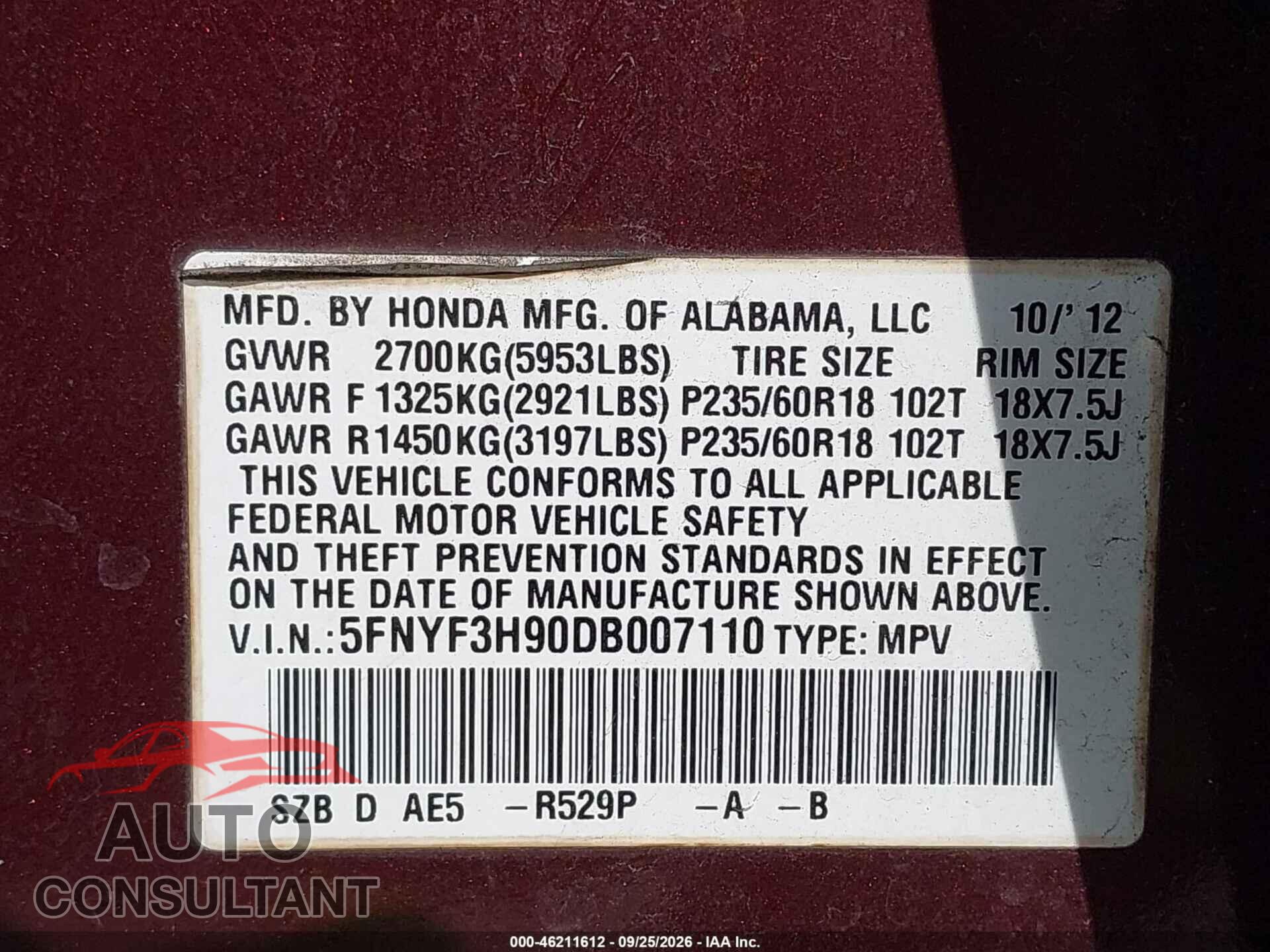 HONDA PILOT 2013 - 5FNYF3H90DB007110