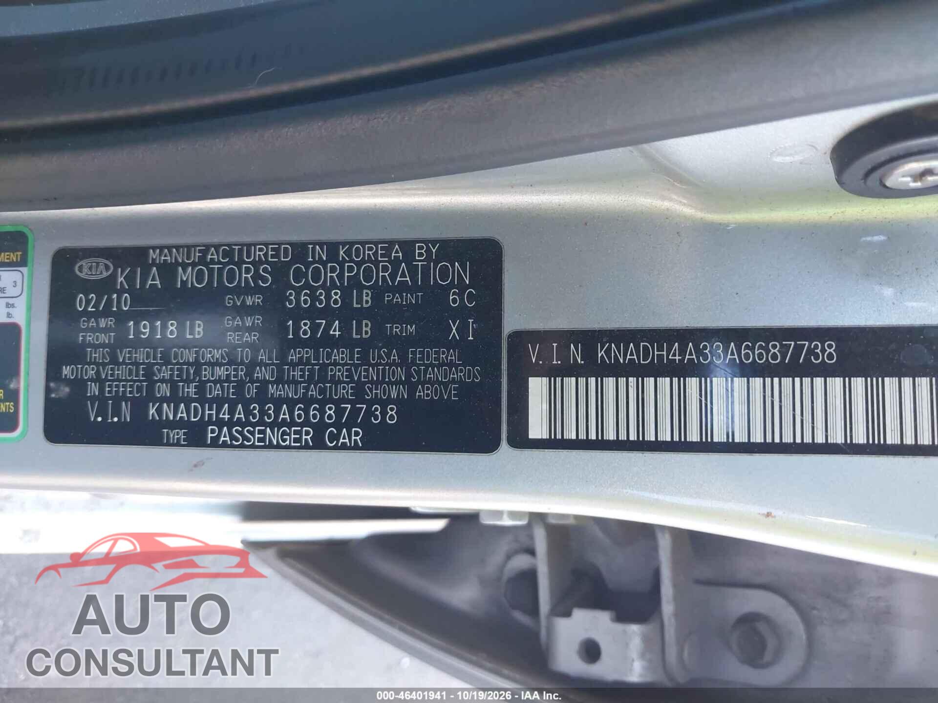KIA RIO 2010 - KNADH4A33A6687738