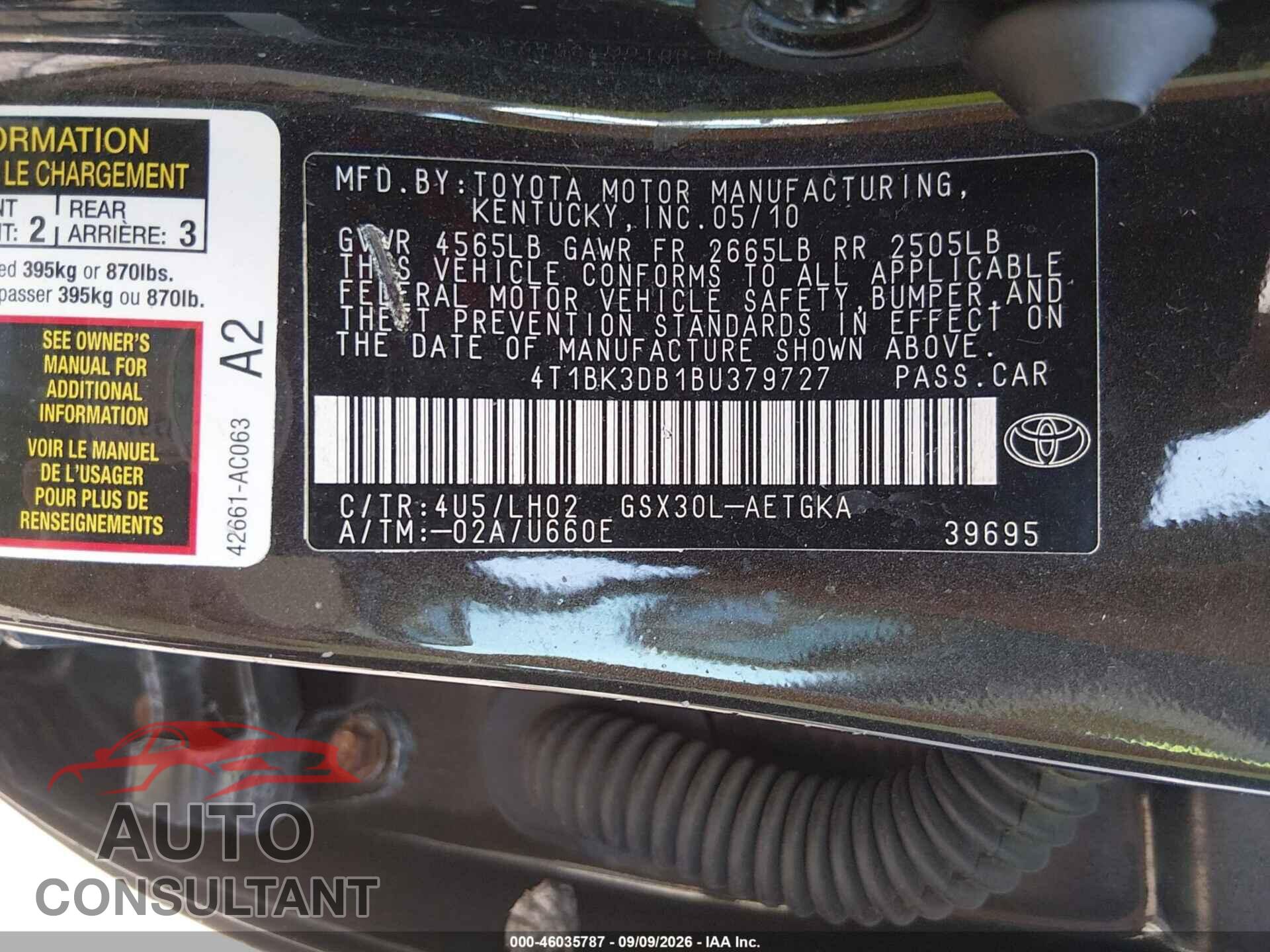 TOYOTA AVALON 2011 - 4T1BK3DB1BU379727