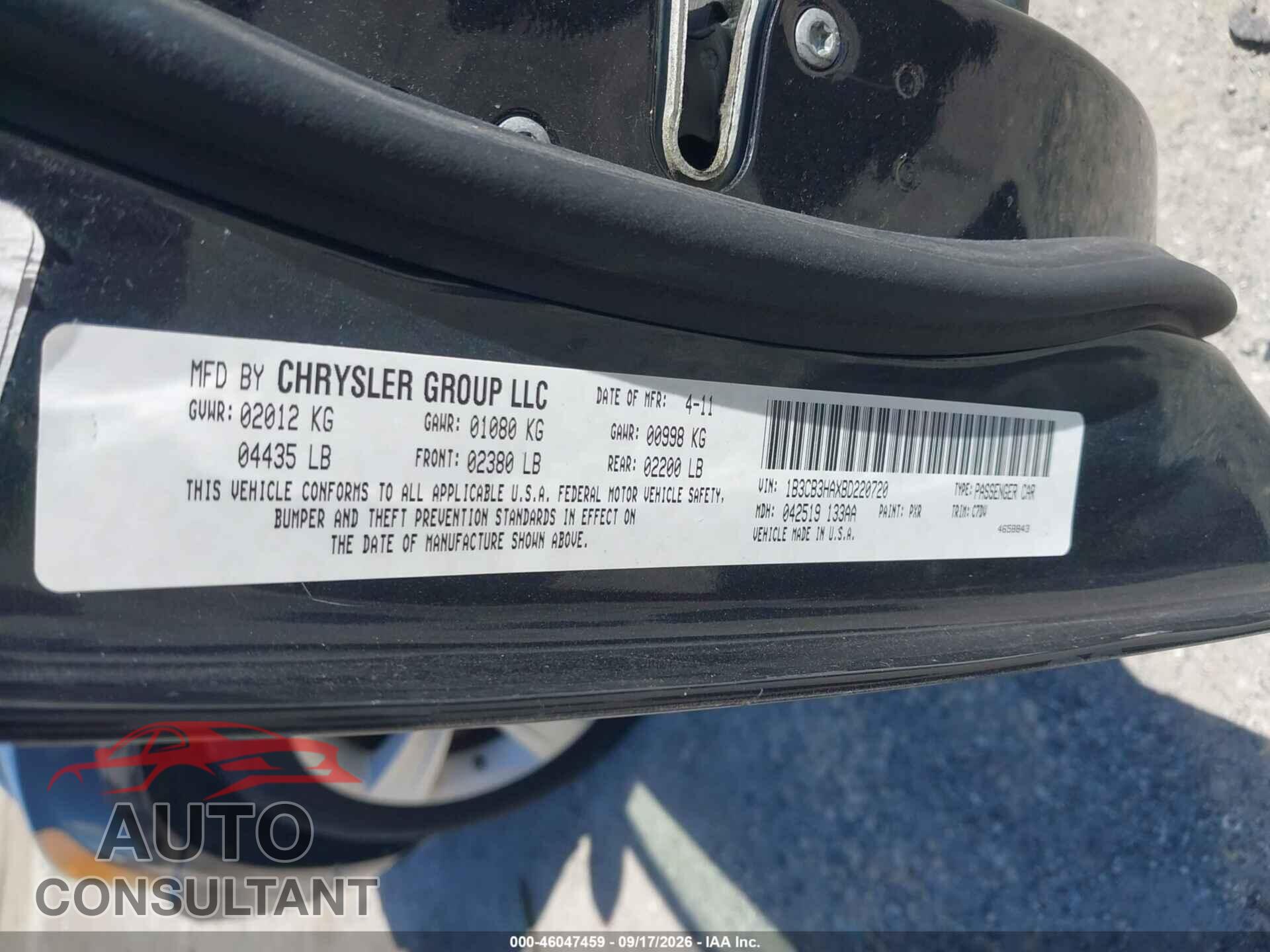 DODGE CALIBER 2011 - 1B3CB3HAXBD220720