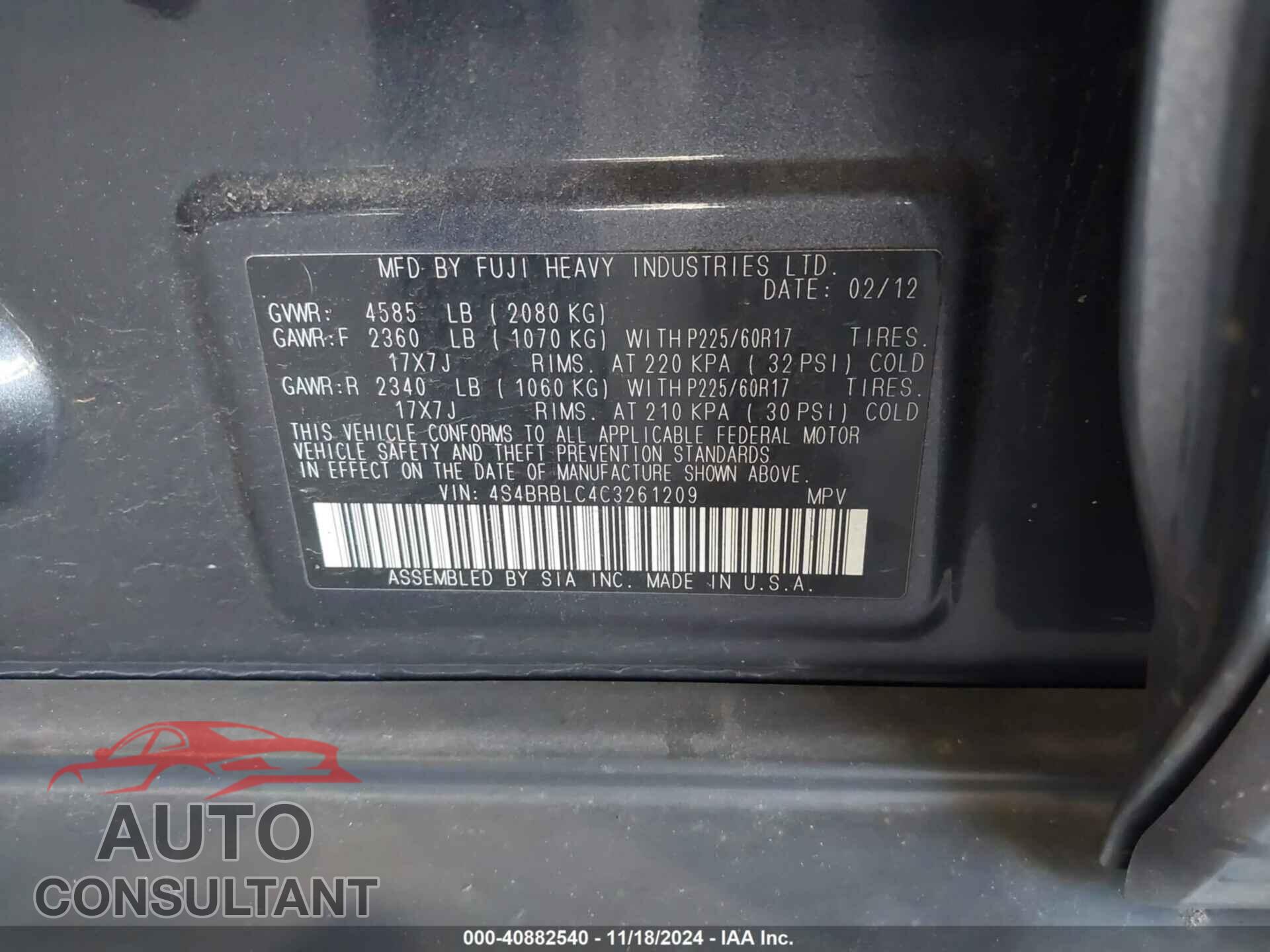 SUBARU OUTBACK 2012 - 4S4BRBLC4C3261209
