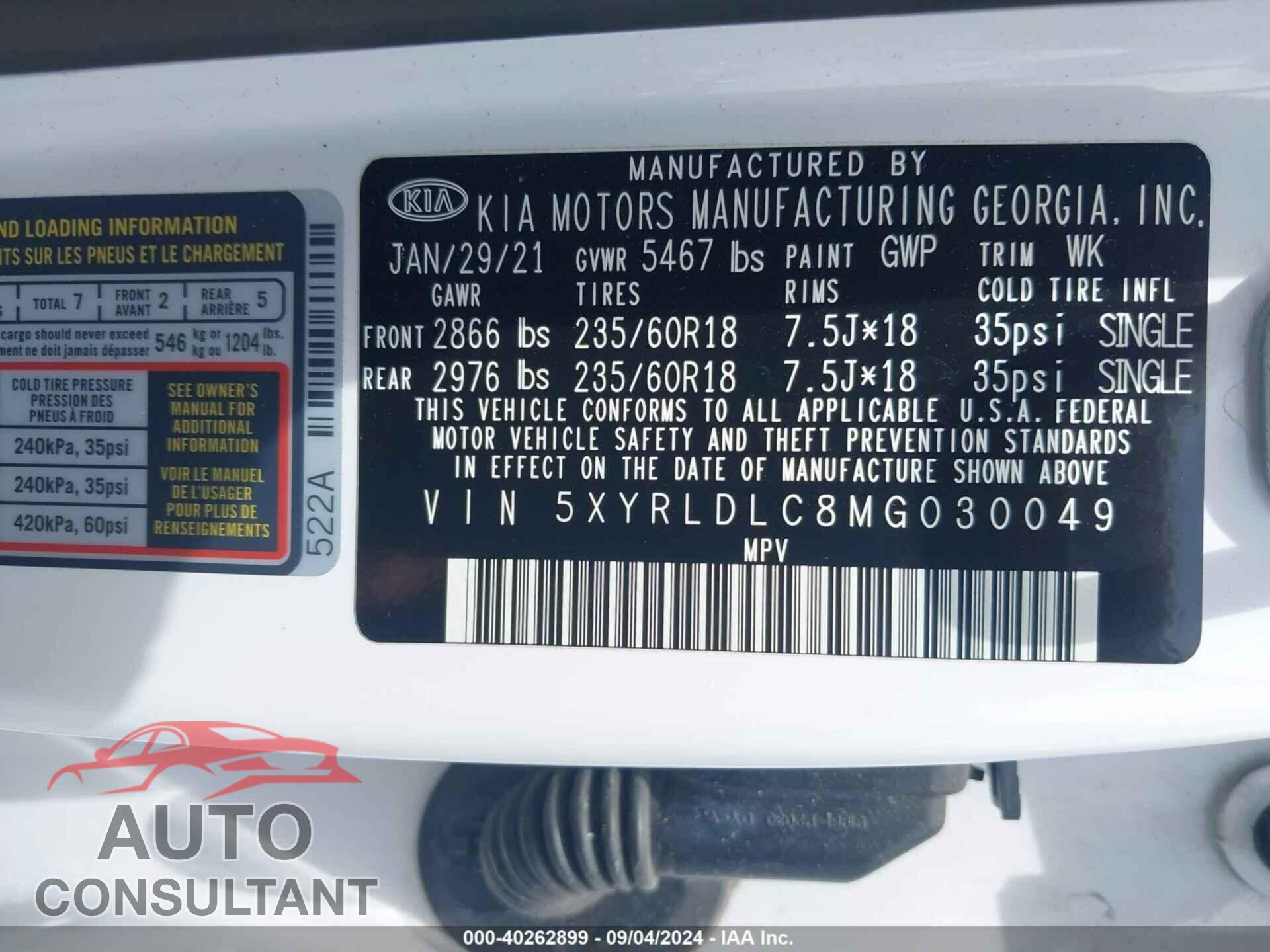 KIA SORENTO 2021 - 5XYRLDLC8MG030049