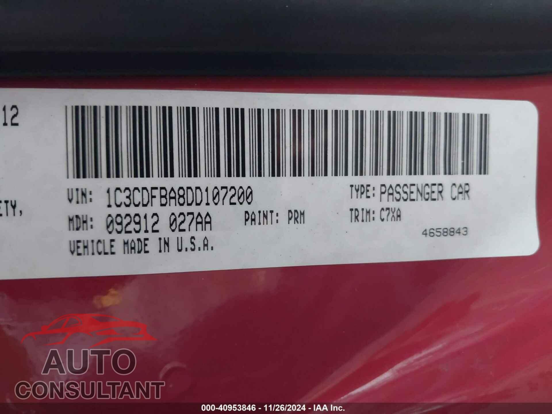 DODGE DART 2013 - 1C3CDFBA8DD107200