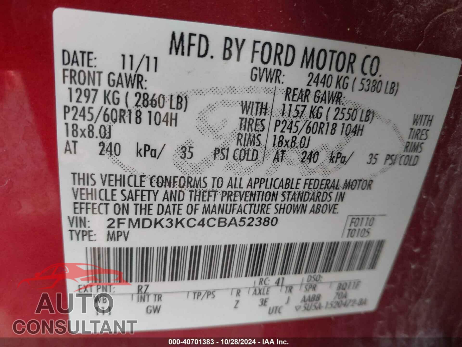 FORD EDGE 2012 - 2FMDK3KC4CBA52380