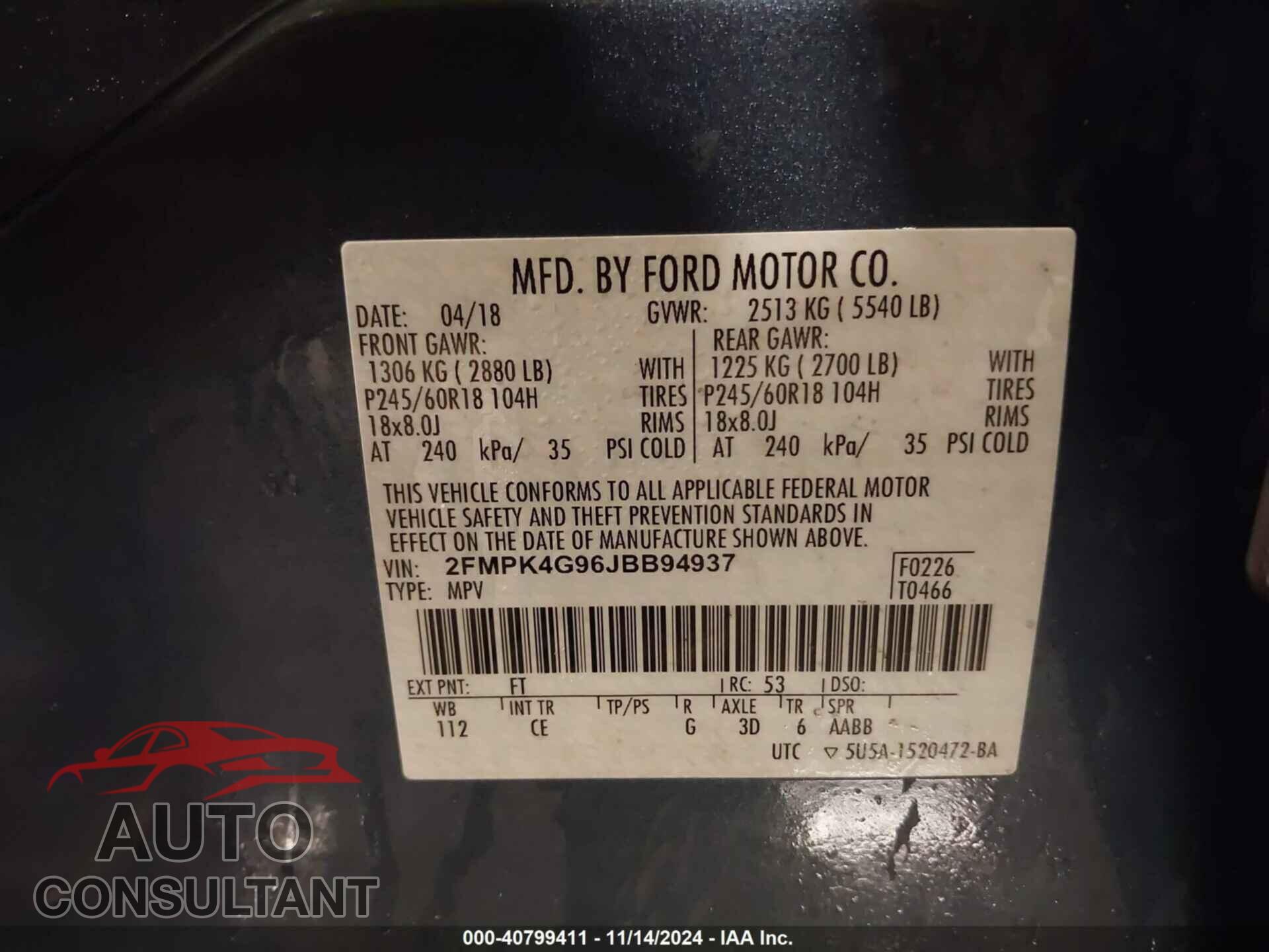 FORD EDGE 2018 - 2FMPK4G96JBB94937