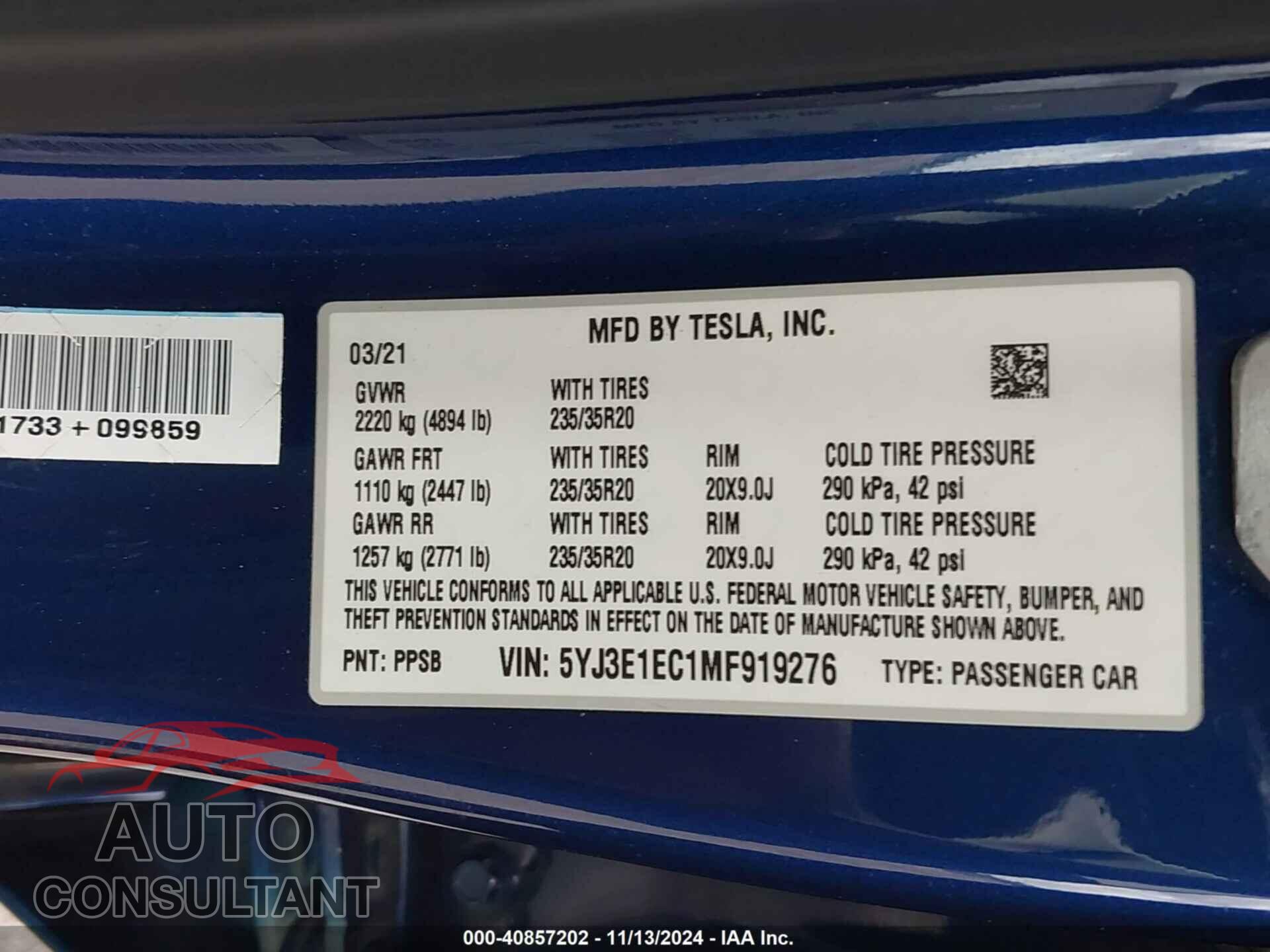 TESLA MODEL 3 2021 - 5YJ3E1EC1MF919276