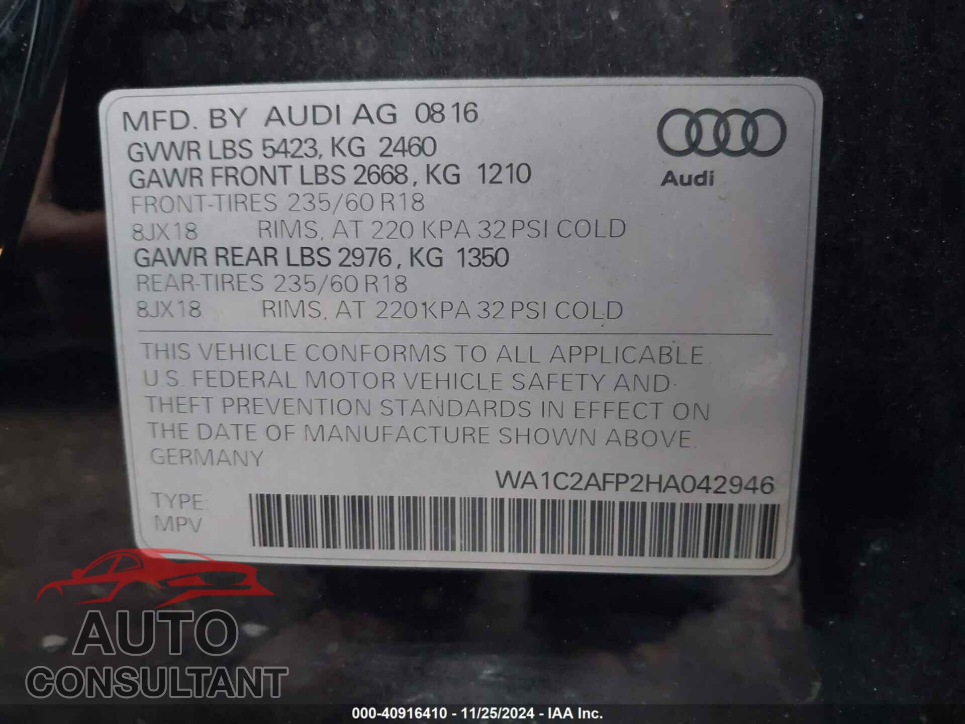 AUDI Q5 2017 - WA1C2AFP2HA042946
