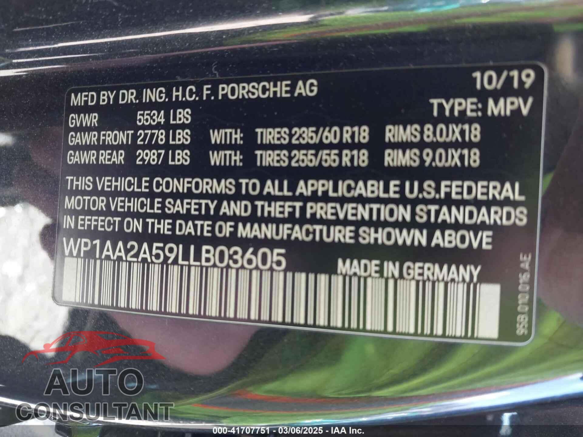 PORSCHE MACAN 2020 - WP1AA2A59LLB03605