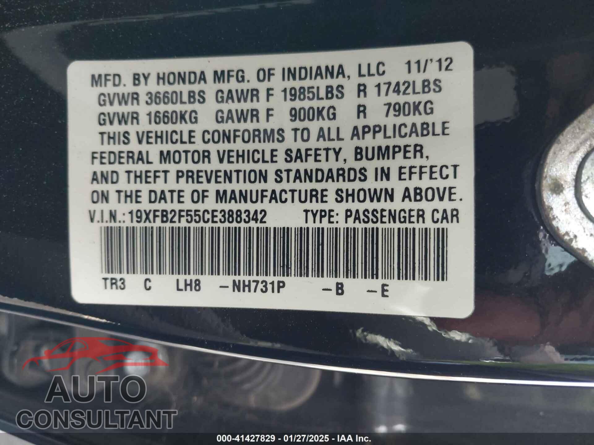 HONDA CIVIC SDN 2012 - 19XFB2F55CE388342