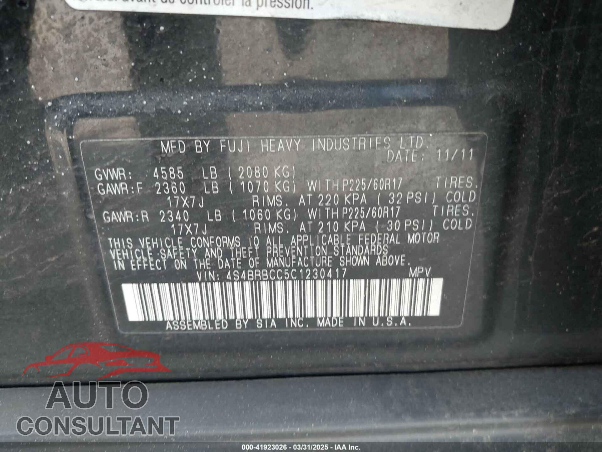 SUBARU OUTBACK 2012 - 4S4BRBCC5C1230417
