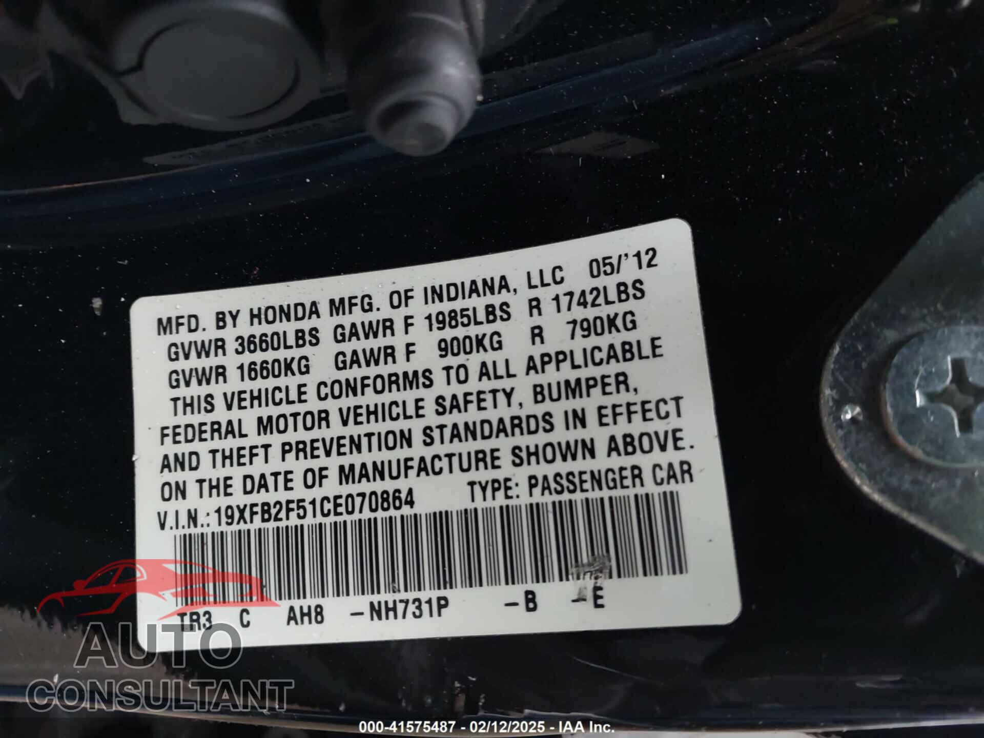 HONDA CIVIC 2012 - 19XFB2F51CE070864