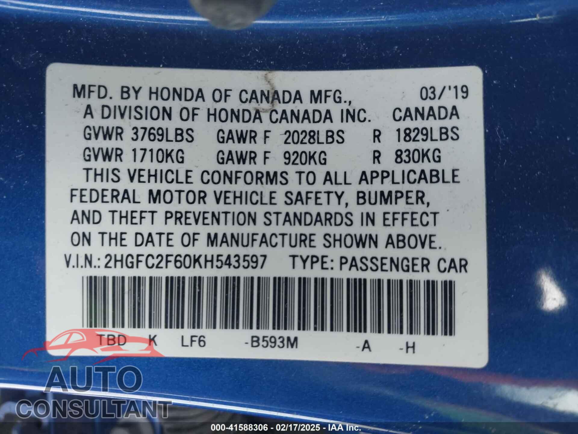 HONDA CIVIC 2019 - 2HGFC2F60KH543597