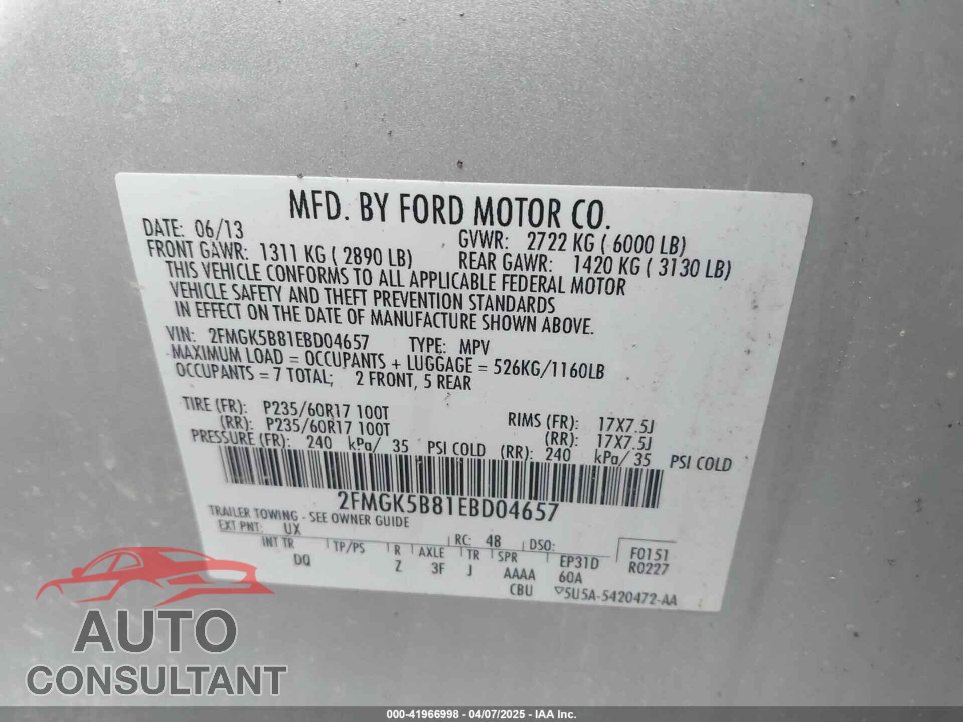 FORD FLEX 2014 - 2FMGK5B81EBD04657