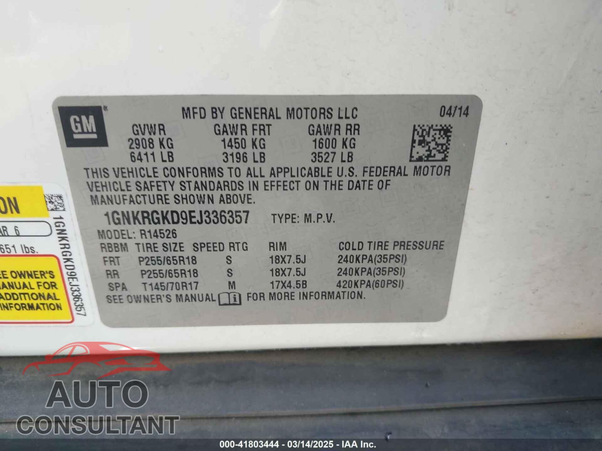 CHEVROLET TRAVERSE 2014 - 1GNKRGKD9EJ336357