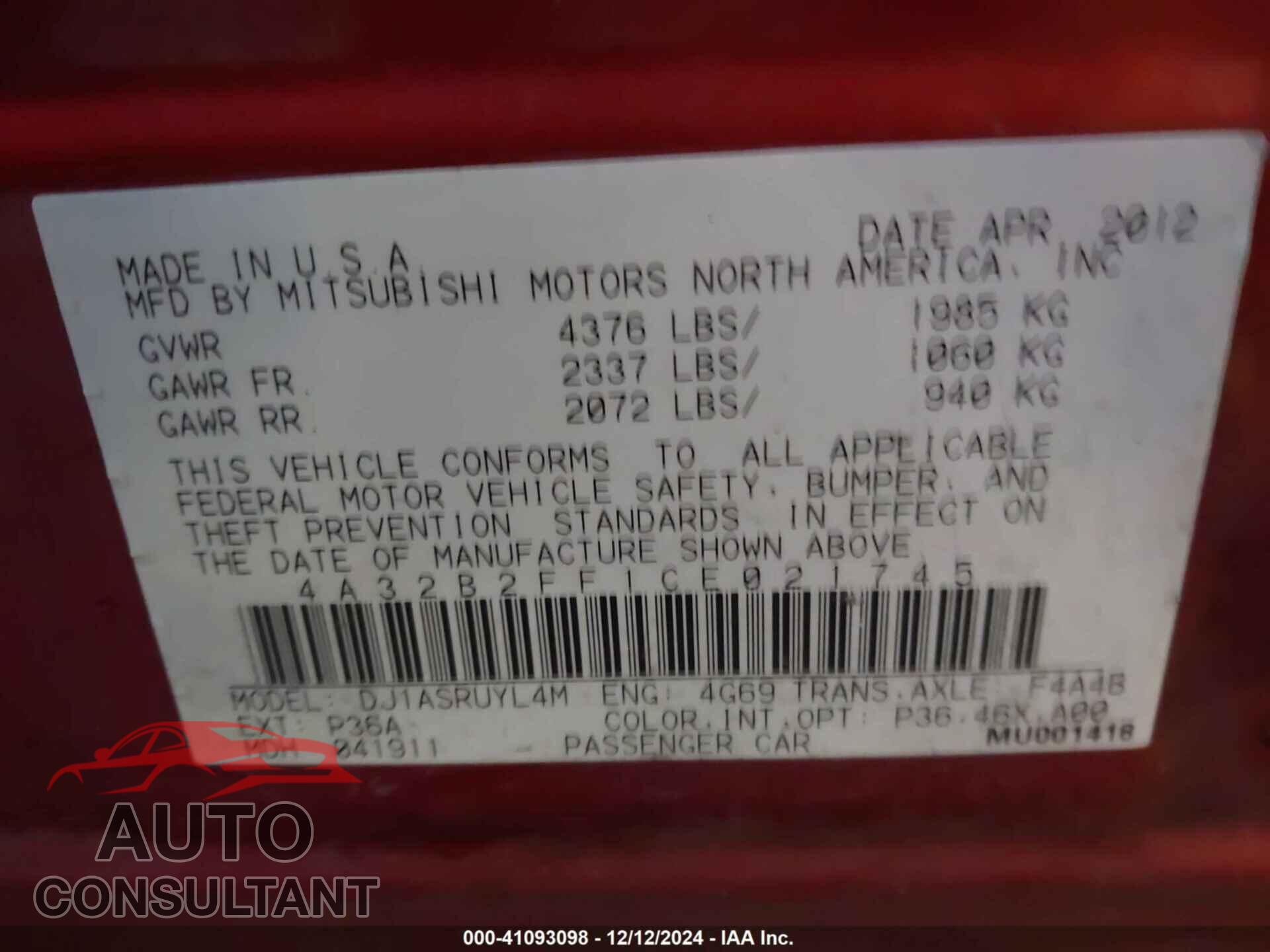 MITSUBISHI GALANT 2012 - 4A32B2FF1CE021745
