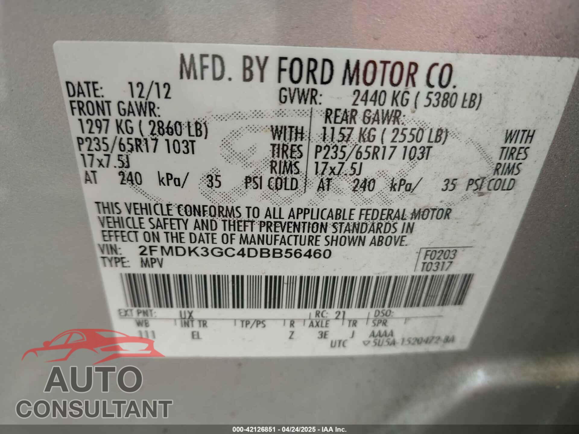 FORD EDGE 2013 - 2FMDK3GC4DBB56460