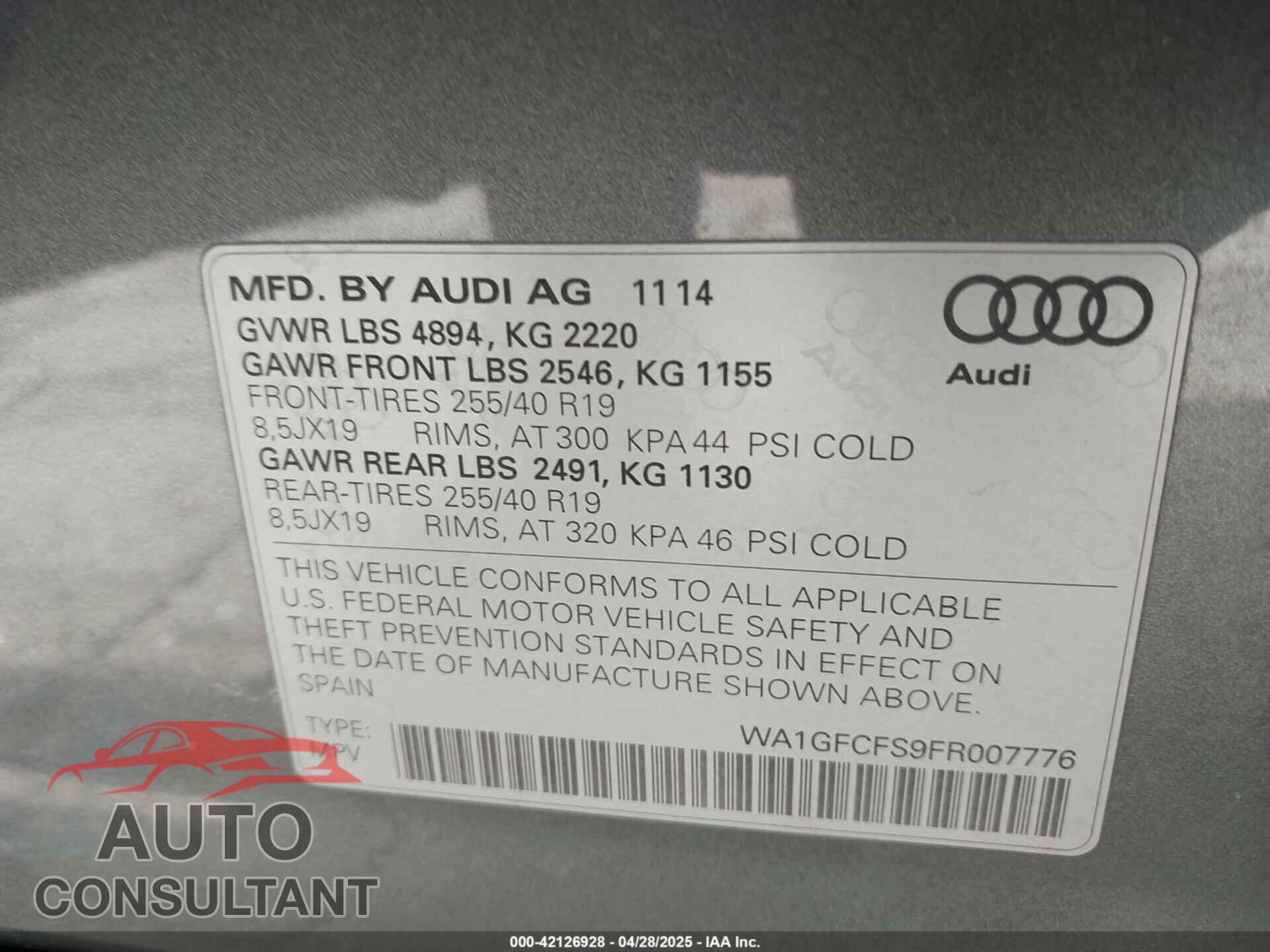 AUDI Q3 2015 - WA1GFCFS9FR007776