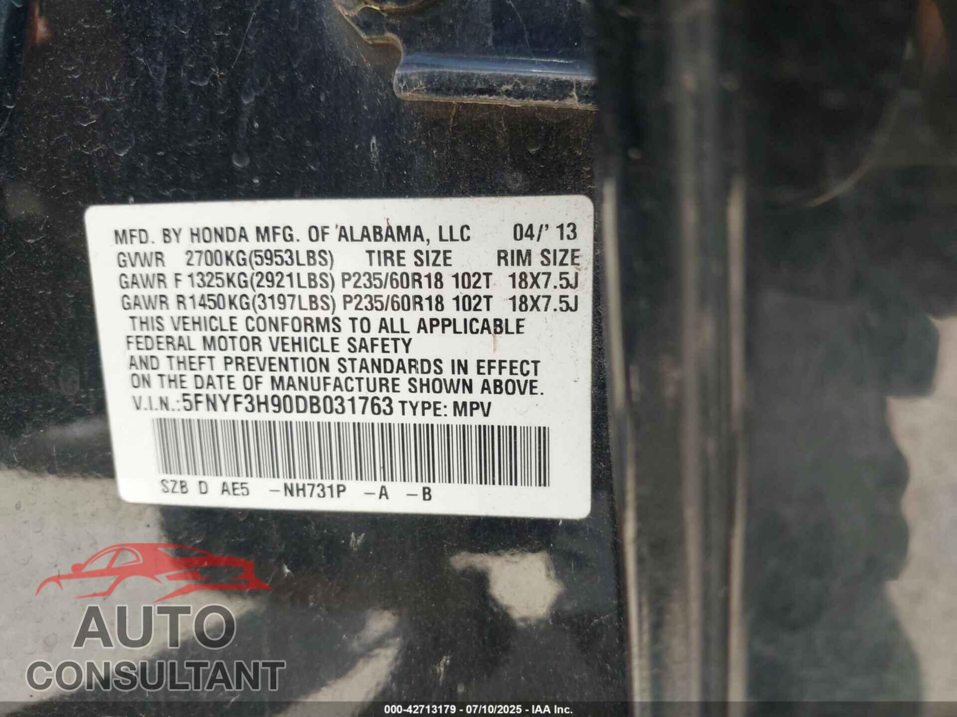 HONDA PILOT 2013 - 5FNYF3H90DB031763